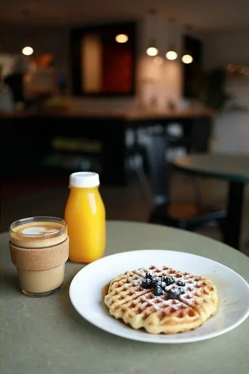 Fresh Squeezed Juice, Latte and Waffle with Powdered Sugar and Blueberries and maple syrup. 