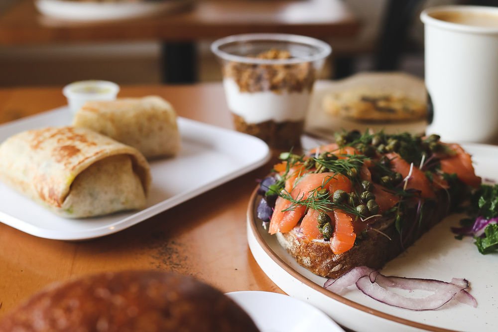 Burrito - eggs or Tofu egg, cheddar, avocado, beans, pico de gallo, salsa verde, add chorizo or sauage extra charge and Smoked Lox - cream cheese, red onions, smoked salmon, capers, dill, side salad along with Smoked Lox - cream cheese, red onions, s