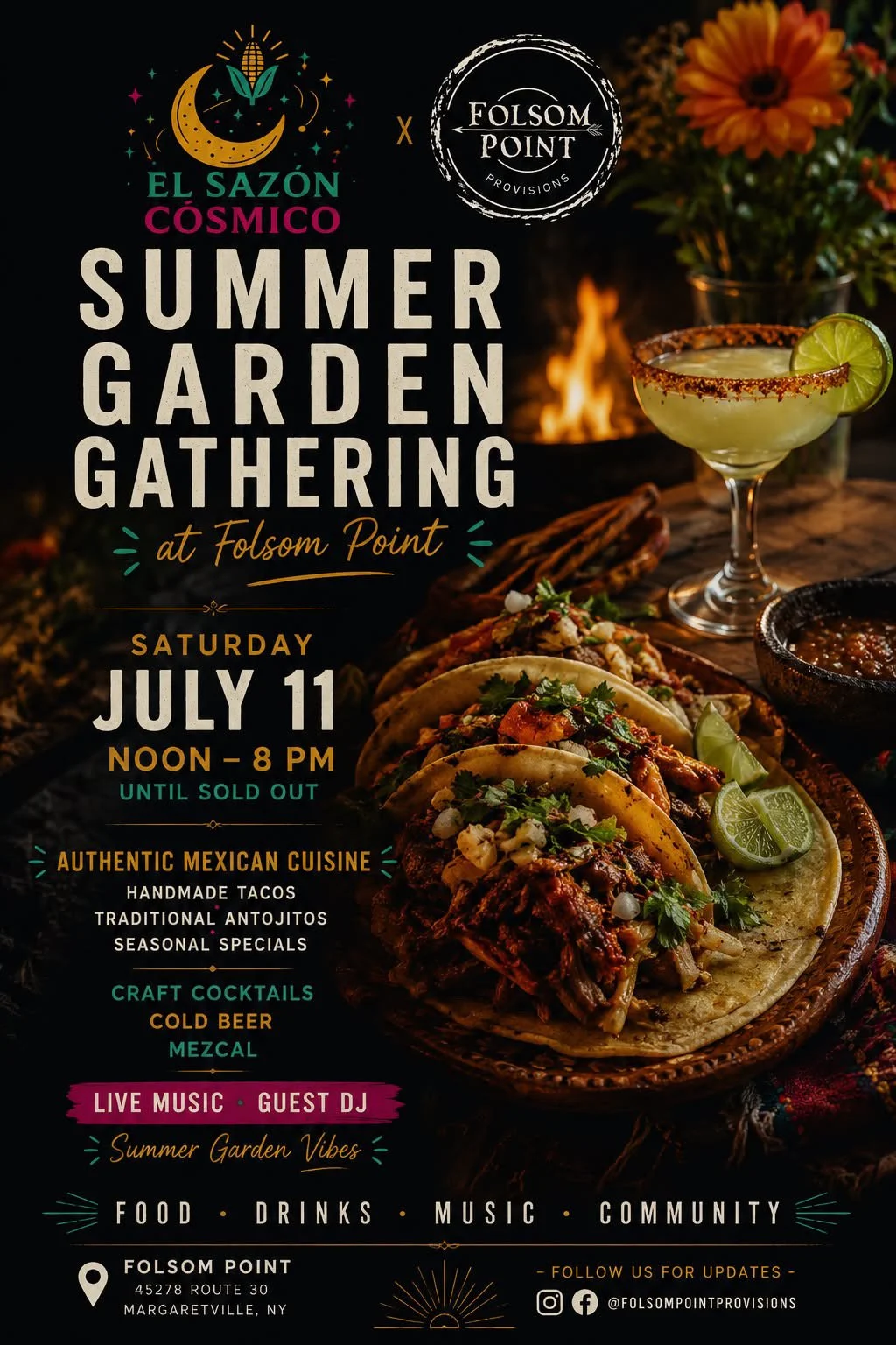 Event details for an upcoming taco pop up at Folsom Point Saturday July 11th