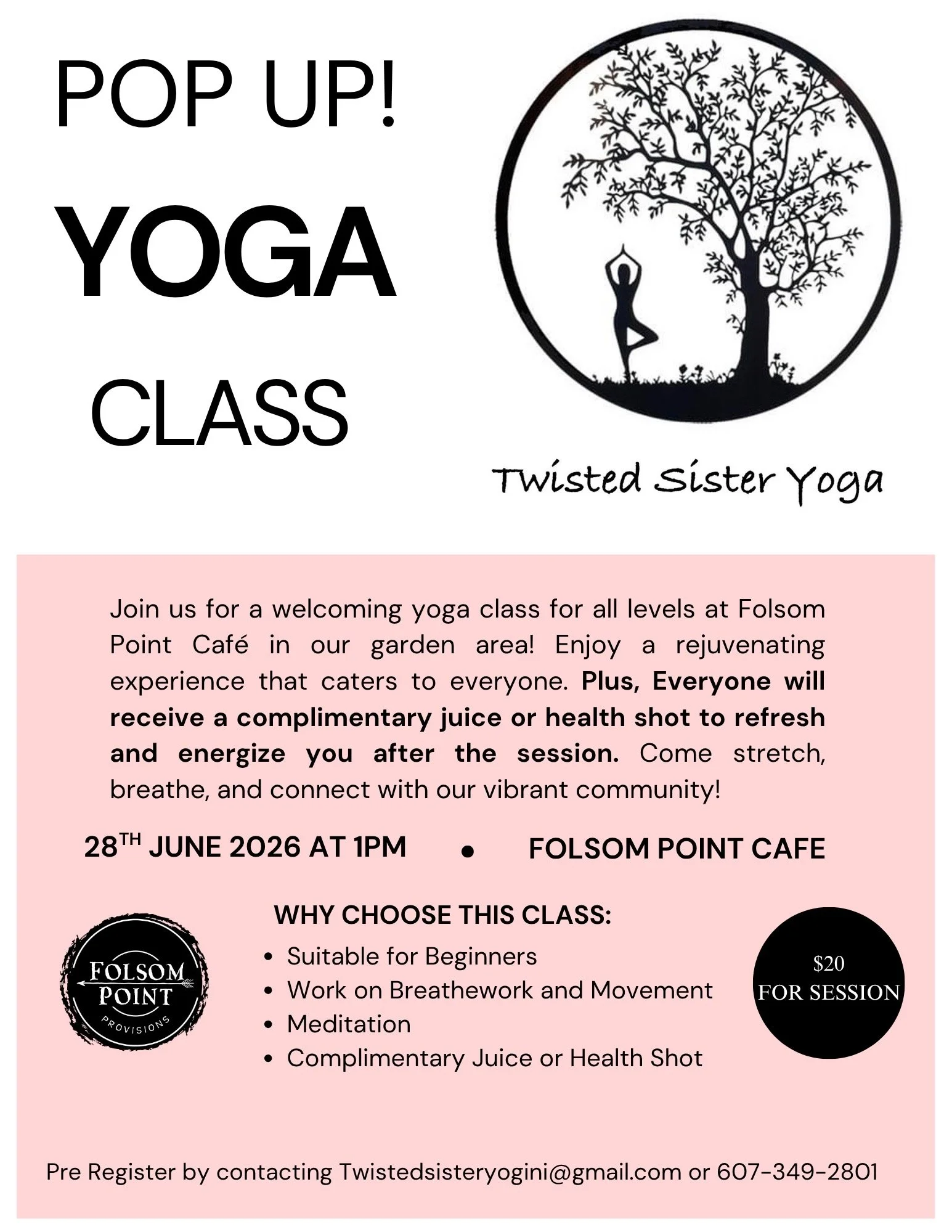 Event flyer for a pop-up yoga class at Folsom Point Cafe