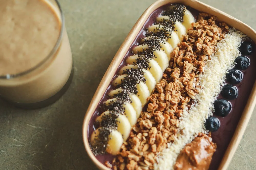 Acai Bowl - organic acai, banana, GF granola, shredded coconut, chia seeds, almond butter, and blueberries
