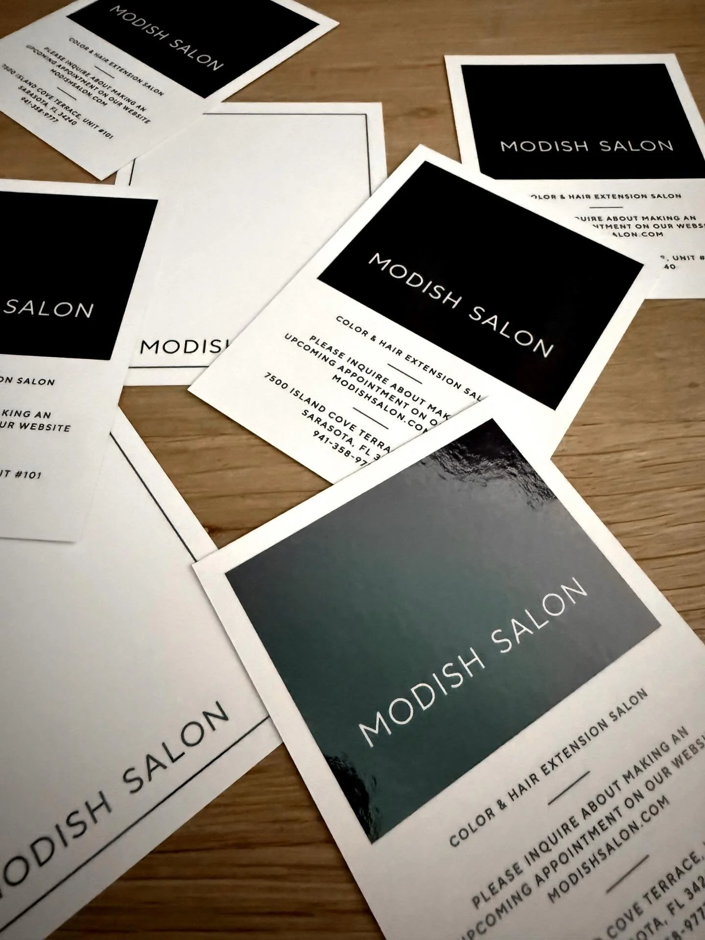 The black foil on these Modish Salon business cards. 🤌