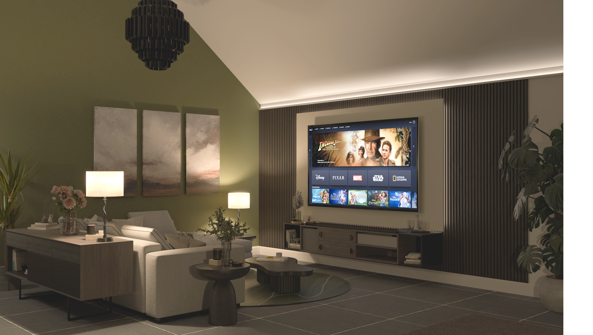 Open plan dining area with a wooden table set with black plates and silverware, surrounded by six gray chairs, in a bright room with large glass doors leading outside, adjacent to a kitchen with white cabinetry and dark hardwood floors, and a modern chandelier hanging from a vaulted ceiling.