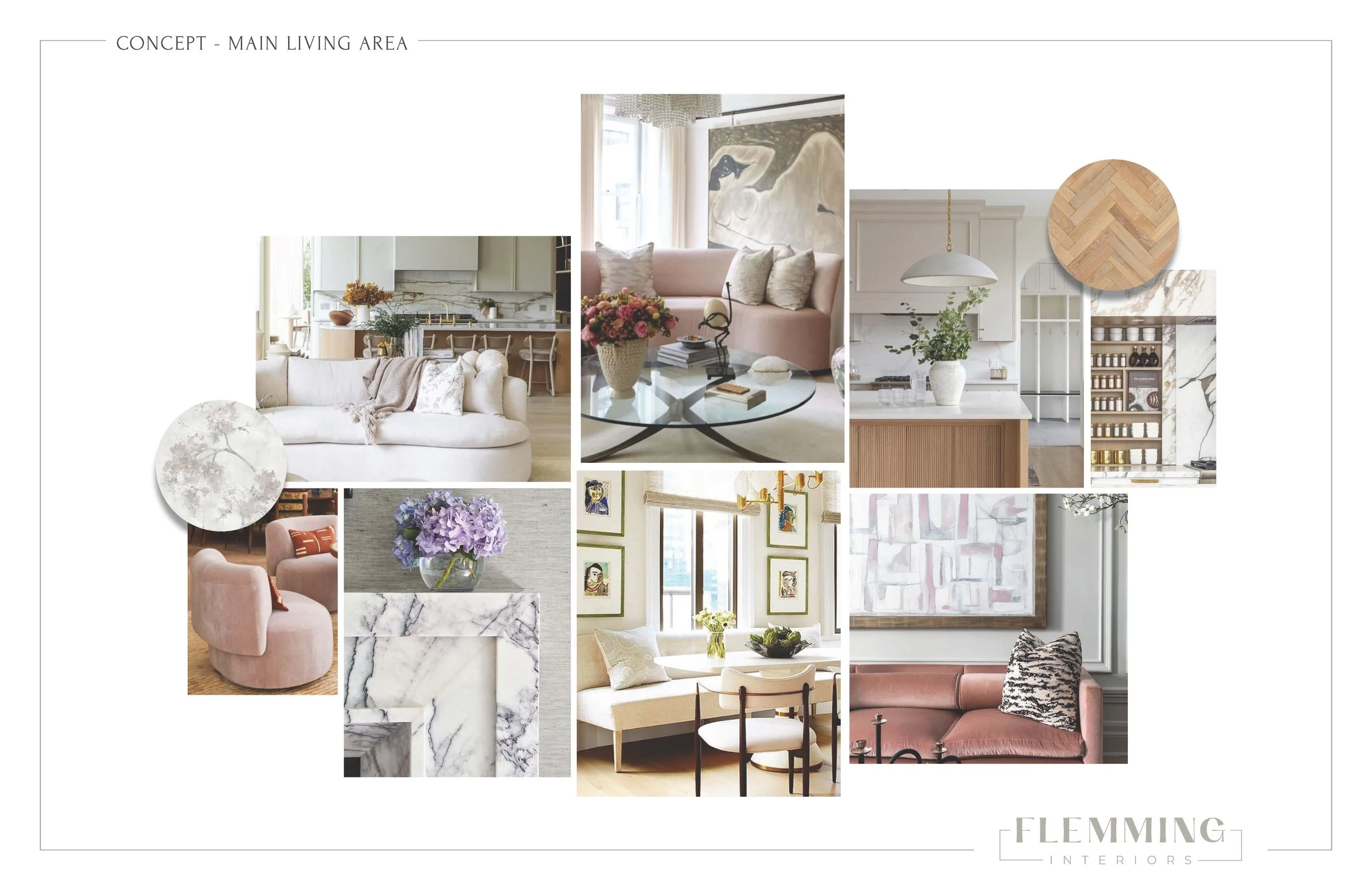 Main living area design concept by Flemming Interiors for a Cherry Creek condo renovation, illustrating material direction, furnishings, and overall design intent during the planning phase.