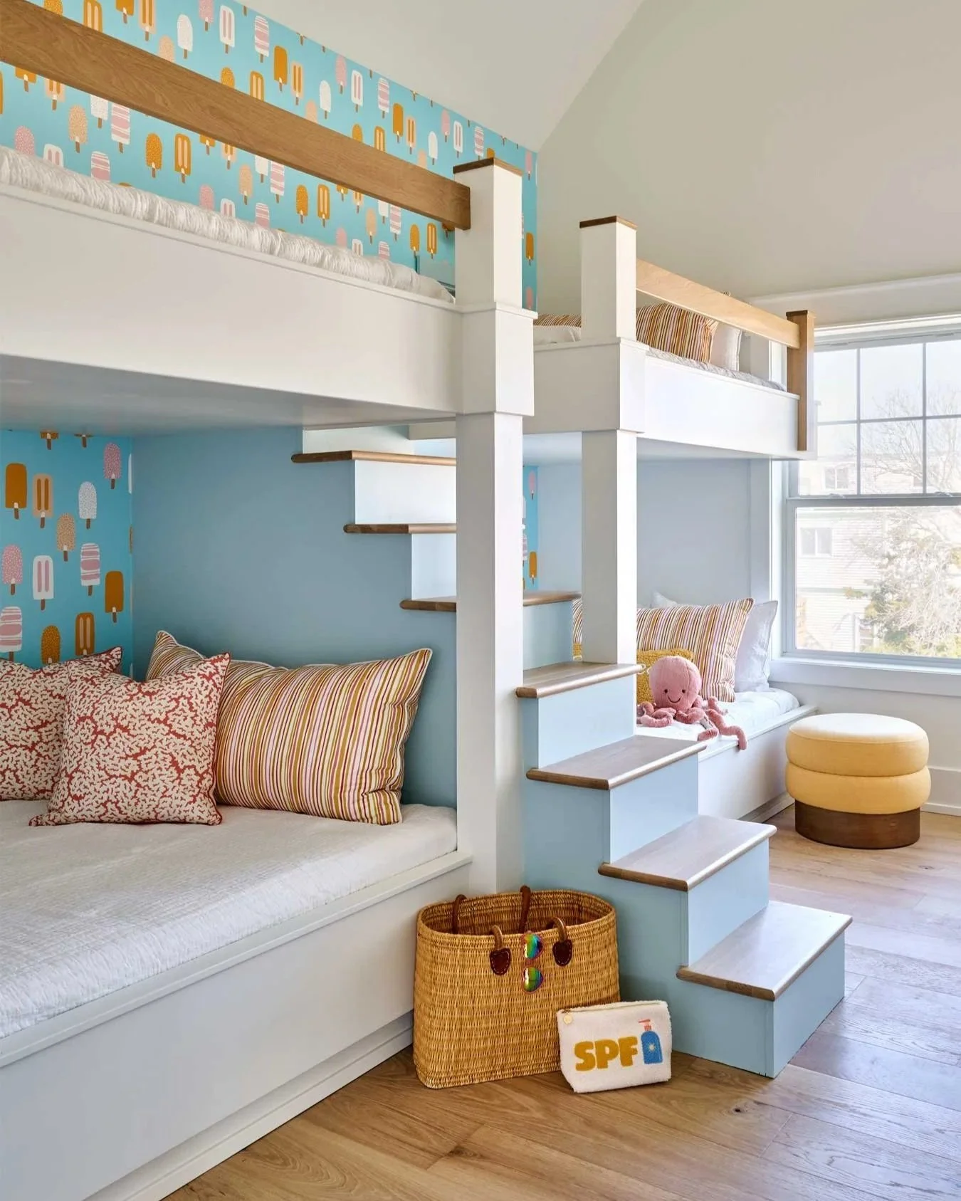 Children's bedroom with bunk beds and popsicle wallpaper