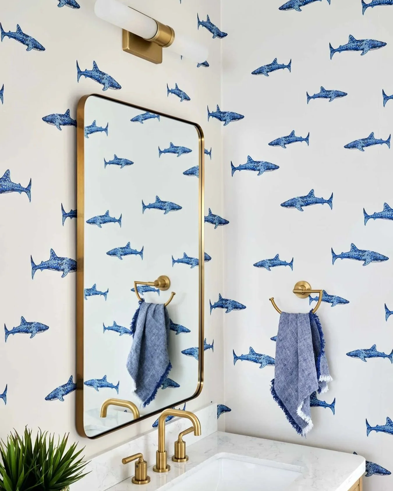 Light filled bathroom with shark wallpaper.