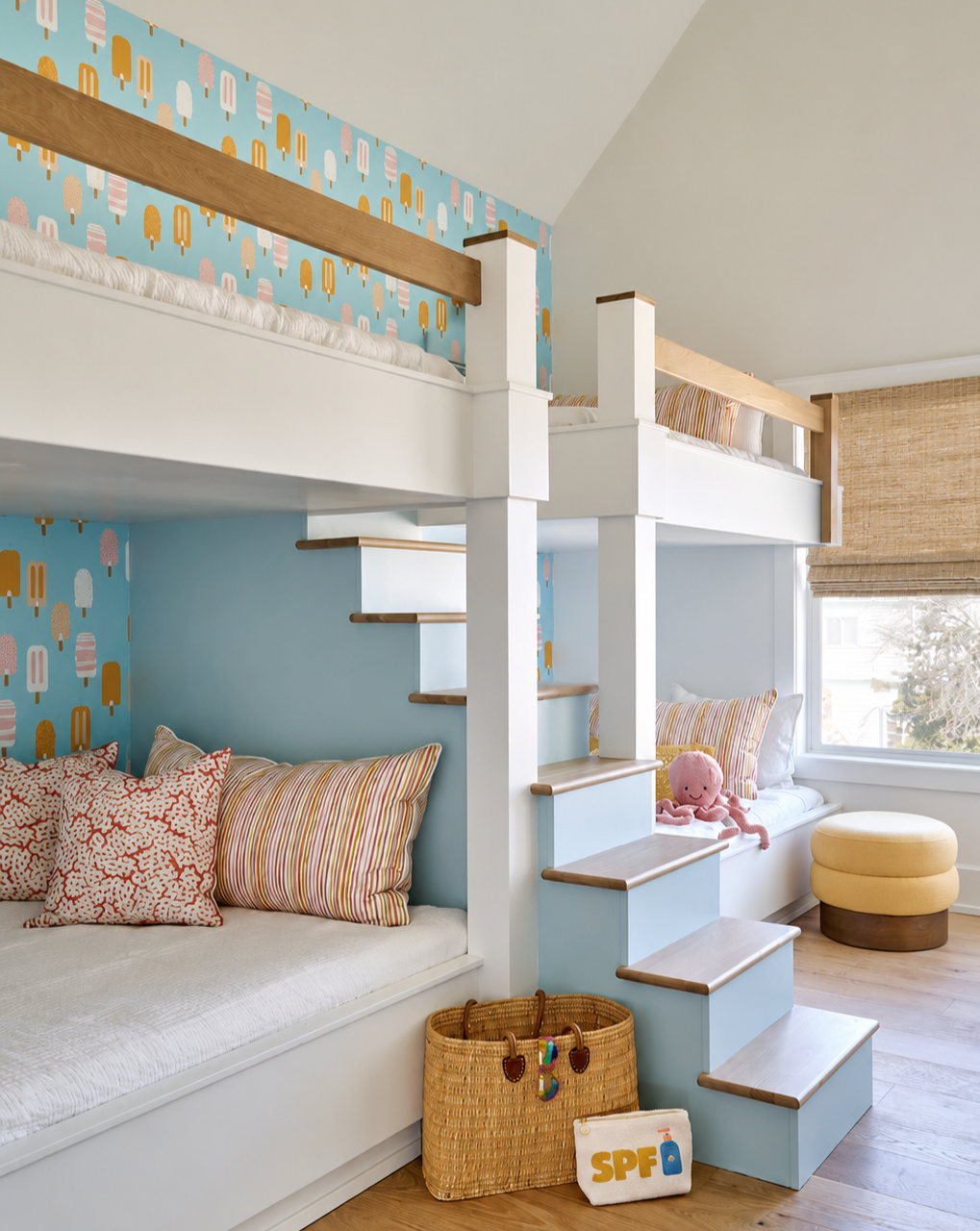 Beach house bunk beds with popsicle wall paper in fun colors