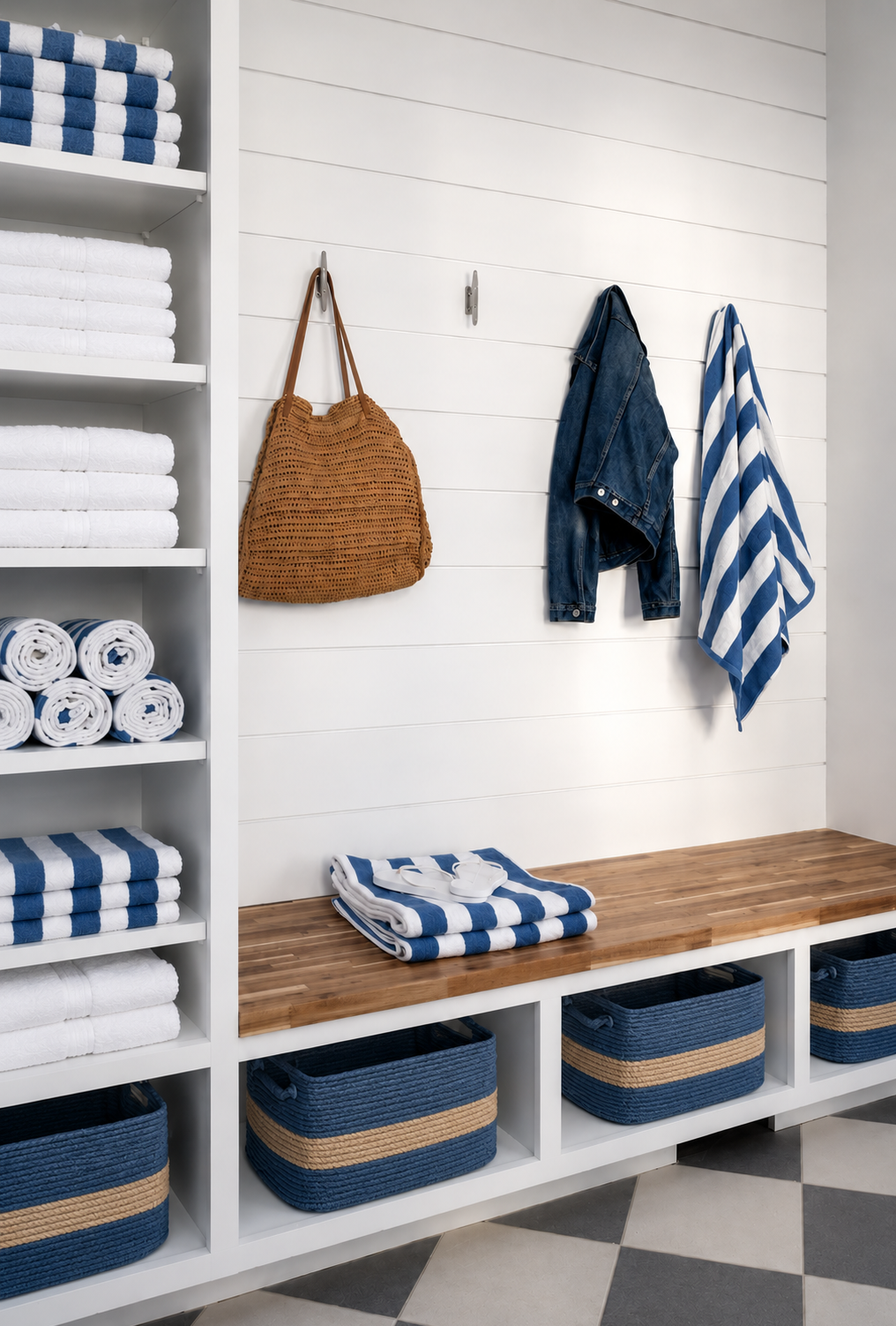 Entryway bench with folded striped towels, hanging denim jacket, striped towel, woven bag, and rolled towels on the shelf.
