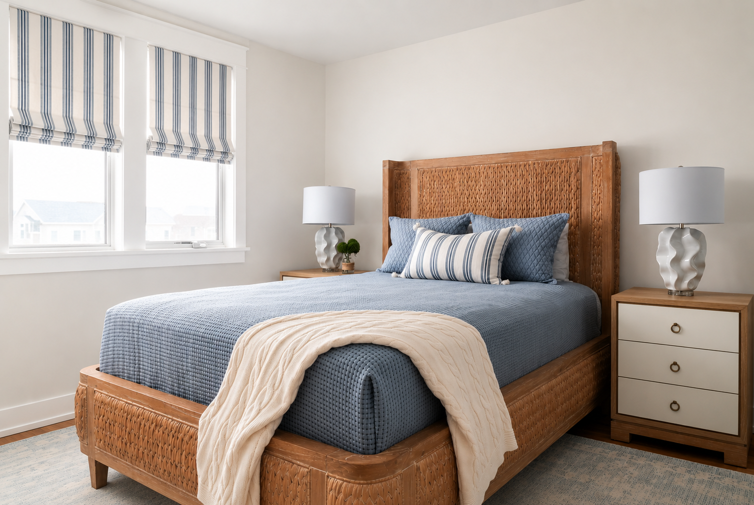A neatly made bed with a wicker headboard and blue bedding, flanked by wooden nightstands with white lamps, in a bright room with two large windows.