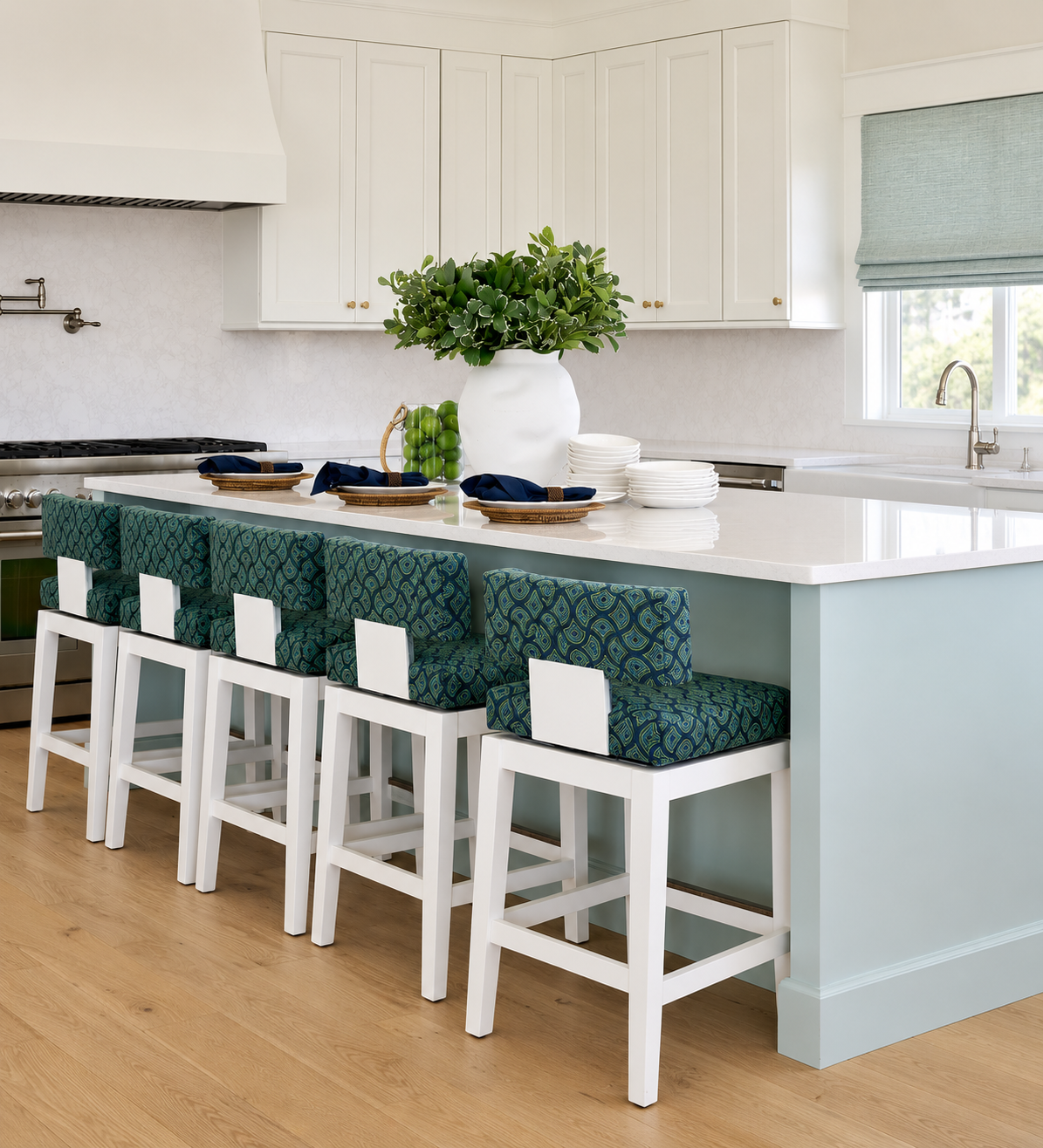 Patterned bar stools in modern kitchen.