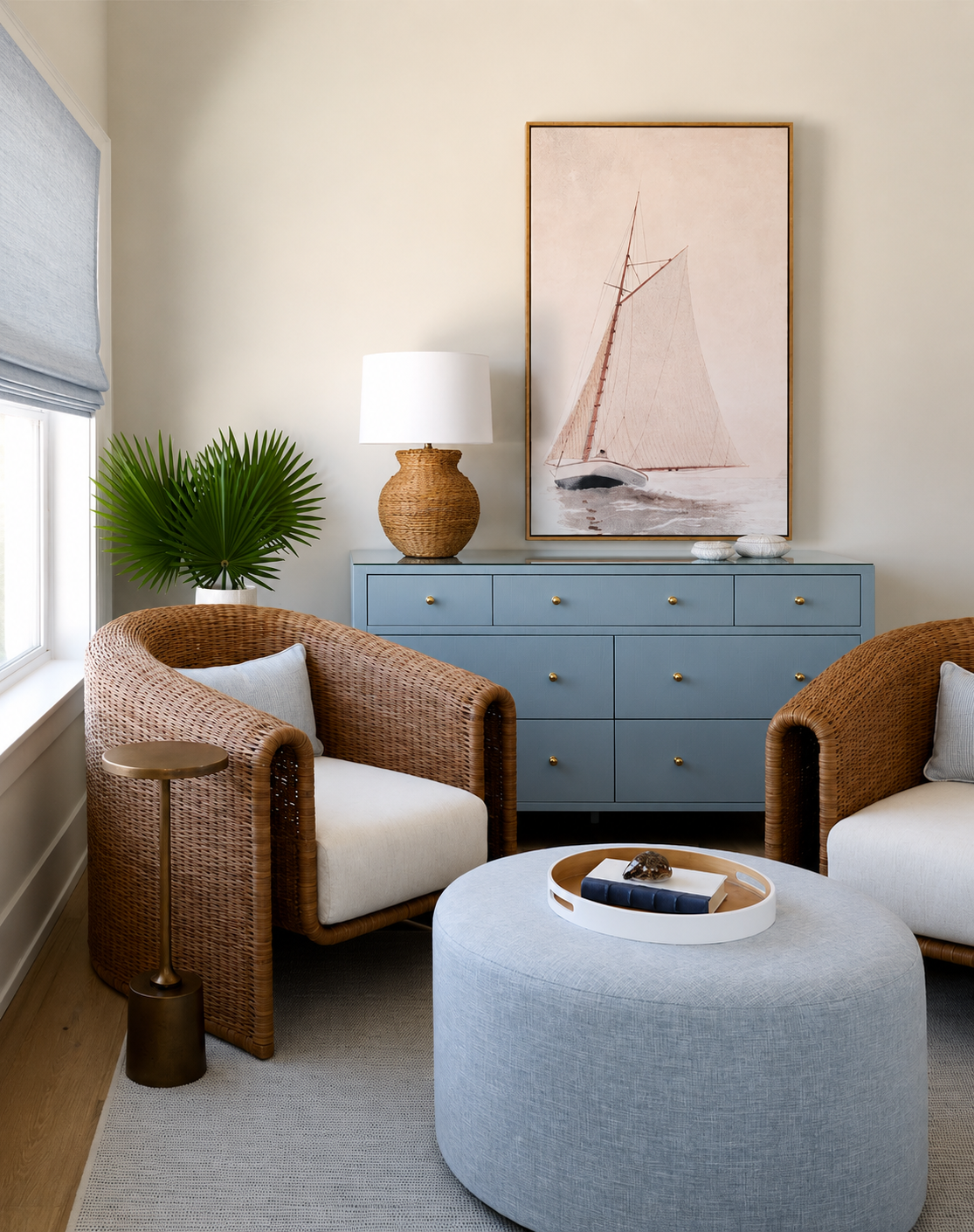 Cozy seating area with sailboat print on a blue dresser.
