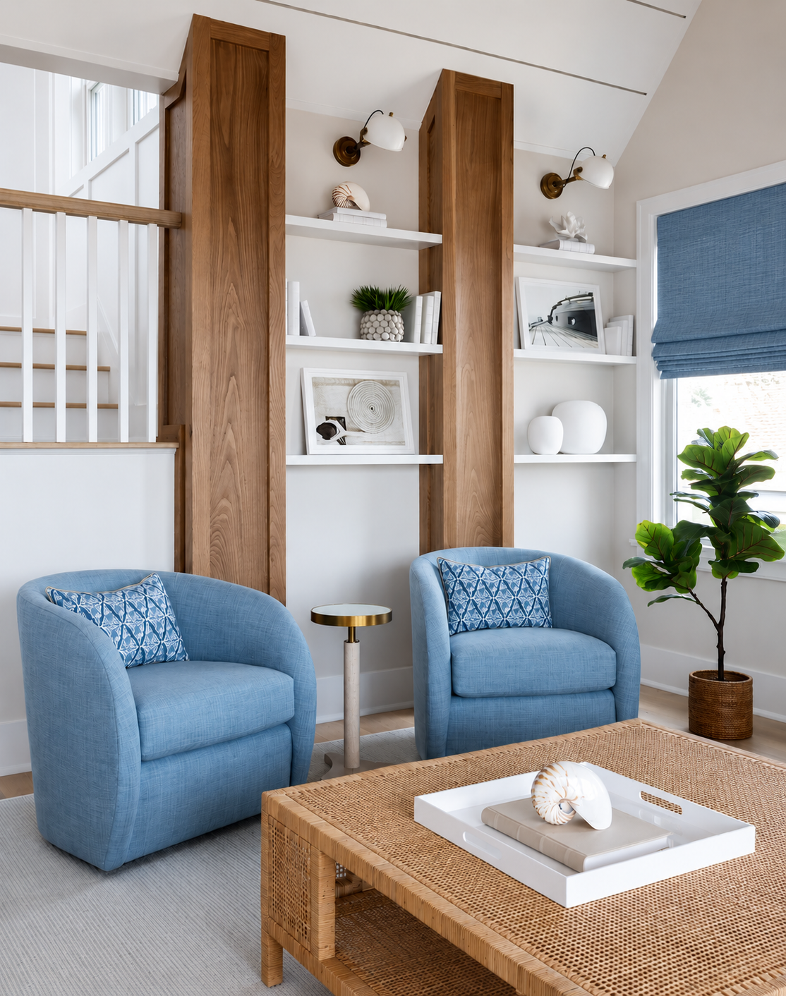 Living room with two blue armchairs, a wicker coffee table with a decorative tray and seashell, a small side table, a tall green plant, and built-in white shelves with decorative items and framed photos, next to a large window.