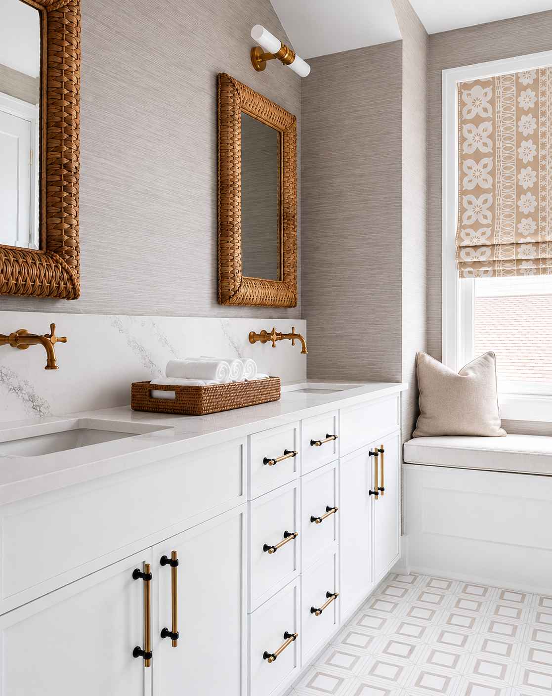 A bathroom with white cabinetry, gold and black hardware, a marble countertop, and two mirrors with woven rattan frames. There are towel rolls on the counter, a gold faucet, a window with a cushioned window seat and a beige pillow, and a patterned ti