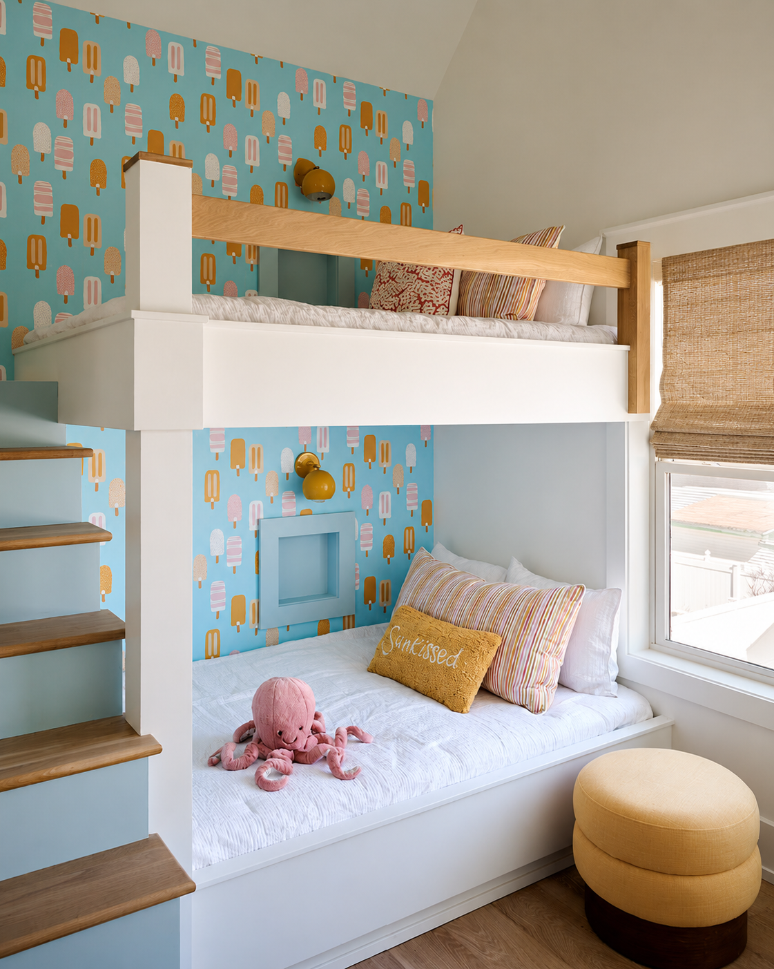 Children's bedroom with bunk beds and popsicle theme wallpaper