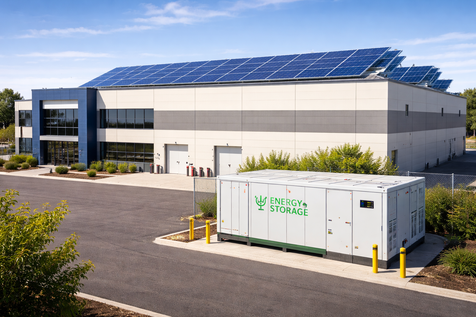 Industrial builkding with solar and EES on the side.png