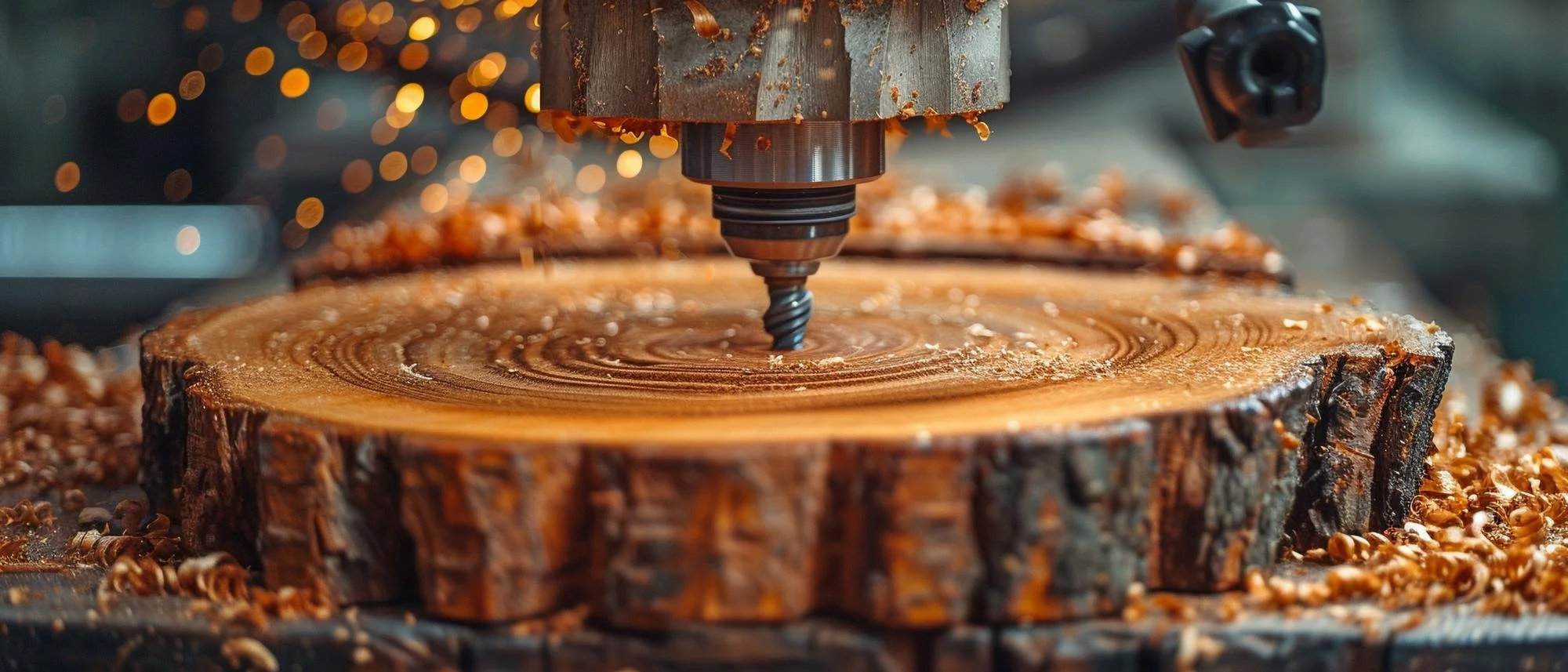 A CNC machine carving a wooden disk, creating wood shavings and sparks, with the focus on the spinning drill bit.