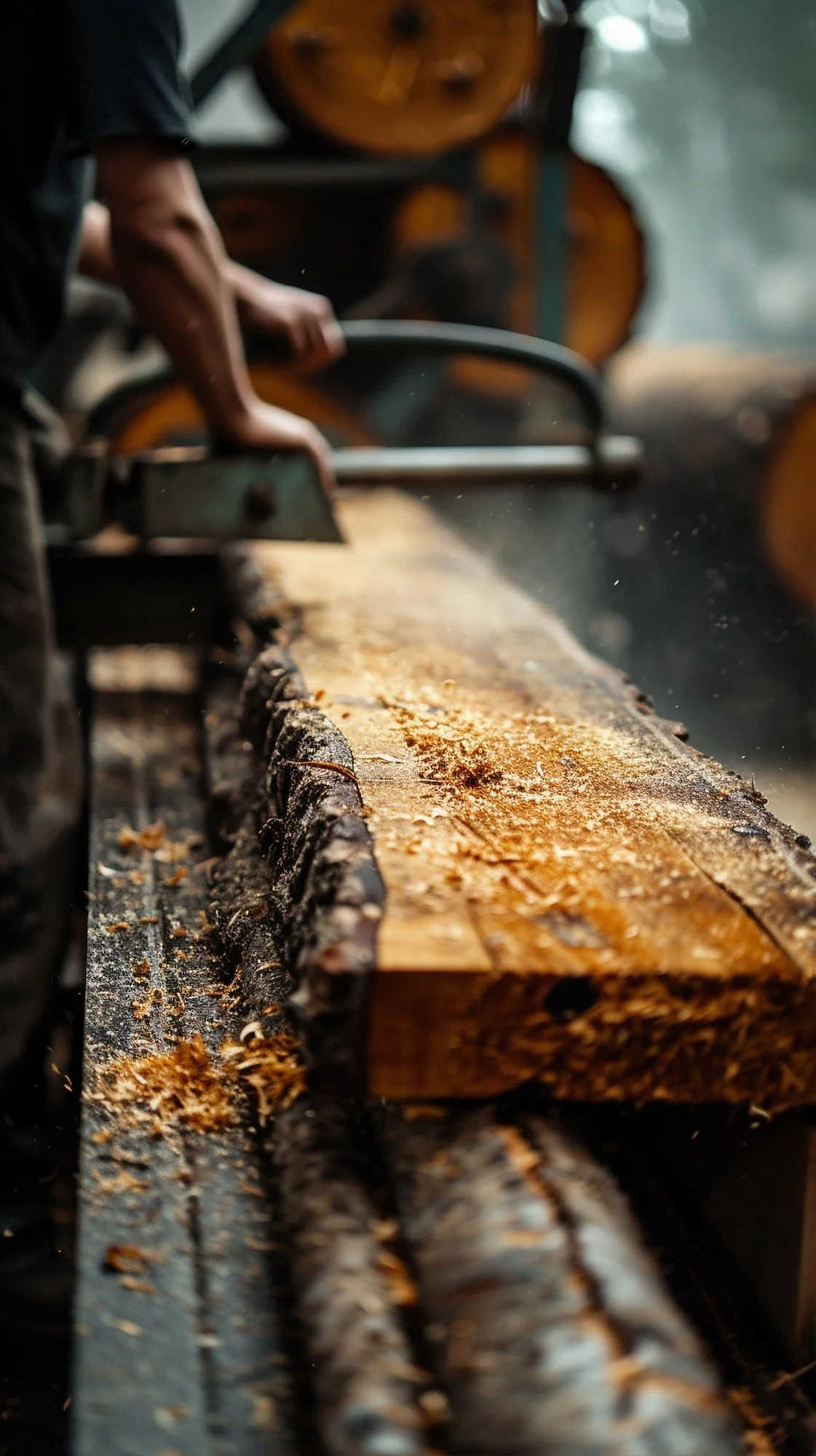 Close-up of a person using a chainsaw to cut a large log, wood chips flying, in a sawmill or woodworking shop.