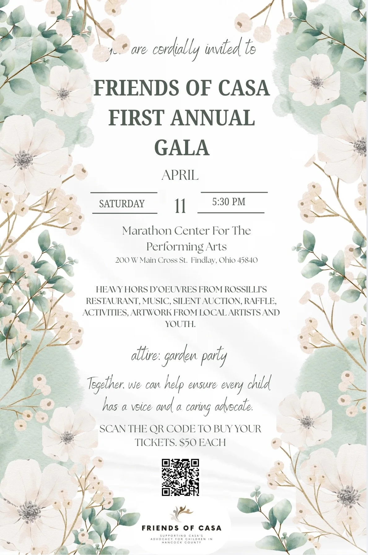 An invitation for the Friends of CASA Gala on April 11th, 2026, at 5:30 PM at the Marathon Center for Performing Arts in Findlay, Ohio. The invitation features floral designs and includes details about the event, supporting children in Hancock County