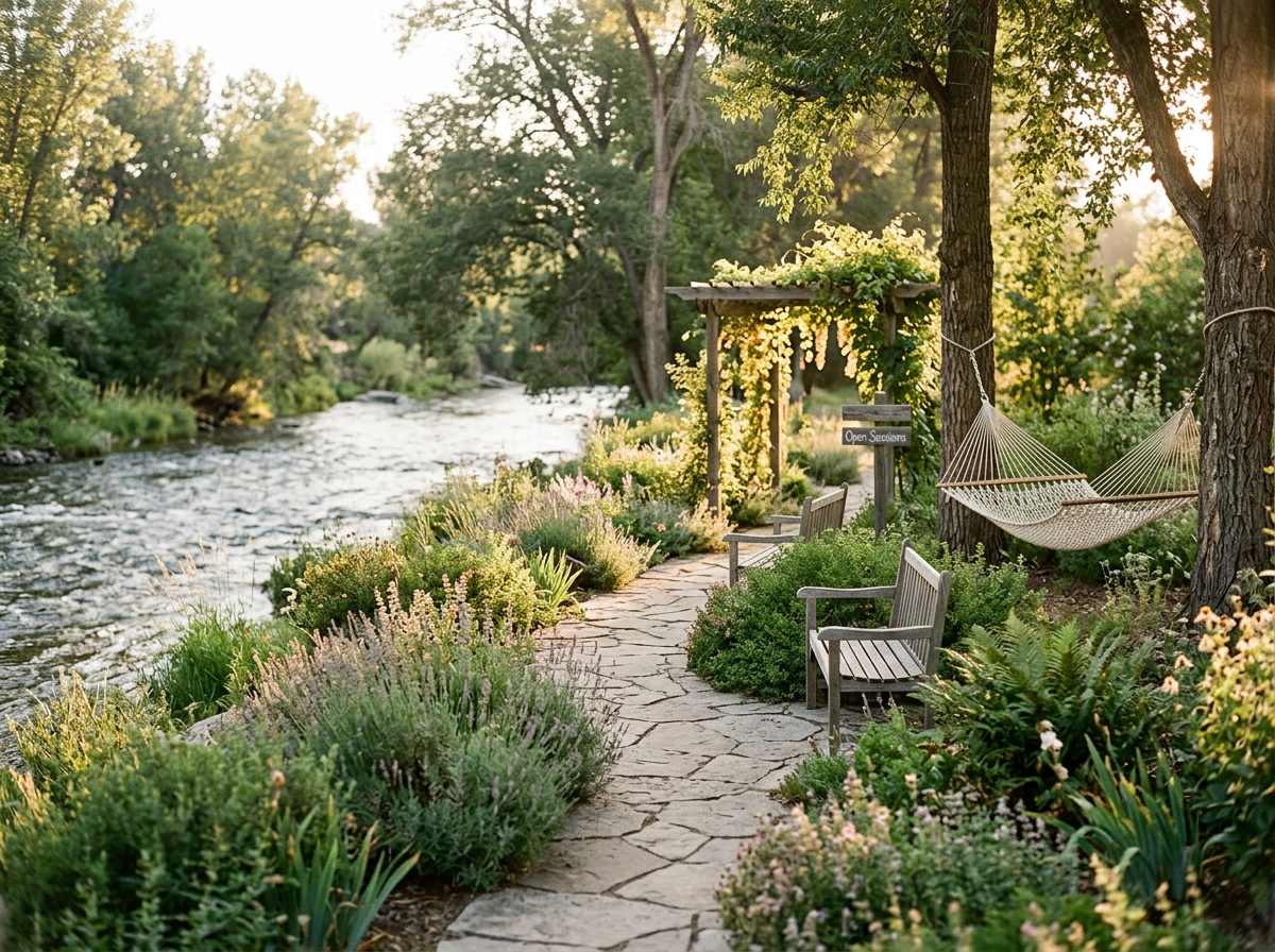 A peaceful riverside garden with a stone pathway, benches, a hammock, and lush greenery in warm sunlight.