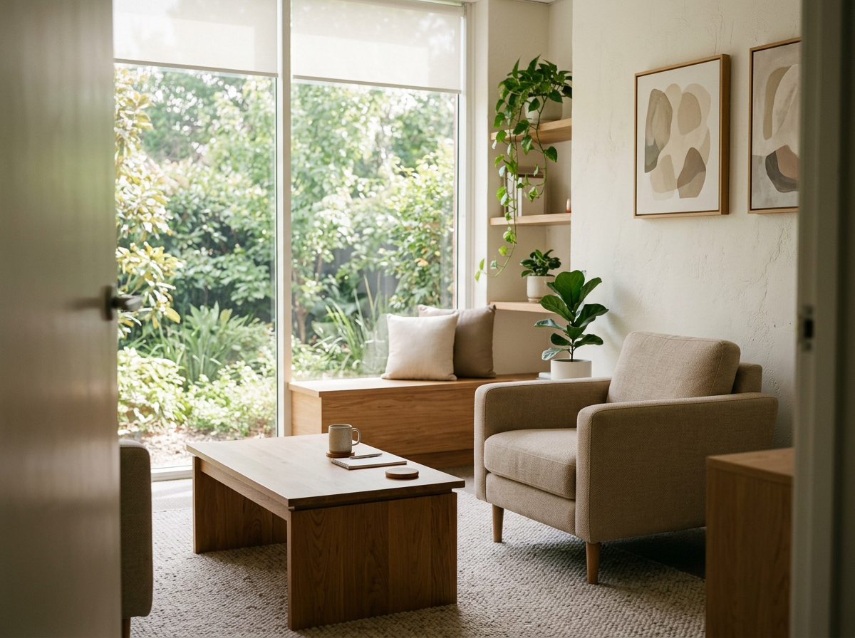 Cozy living room with a beige armchair, a wooden coffee table holding a mug, books, and a coaster, a cushioned window seat with pillows, and lush greenery outside large windows. Minimalist art pieces hang on the cream wall, with a potted plant and floating shelves adding decor.