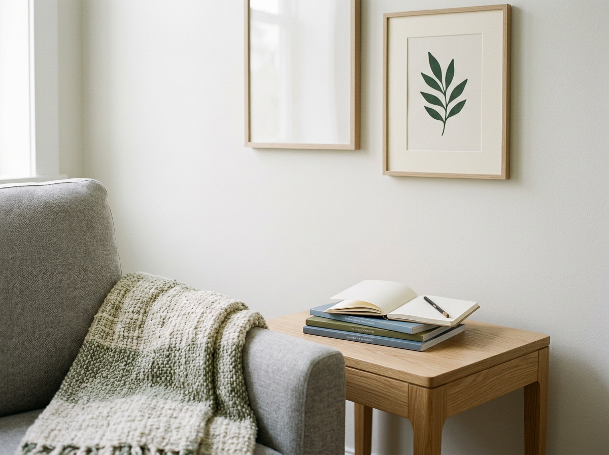 A cozy corner with a gray armchair, a knitted blanket, a wooden side table with books and an open notebook, and framed botanical art on the wall.