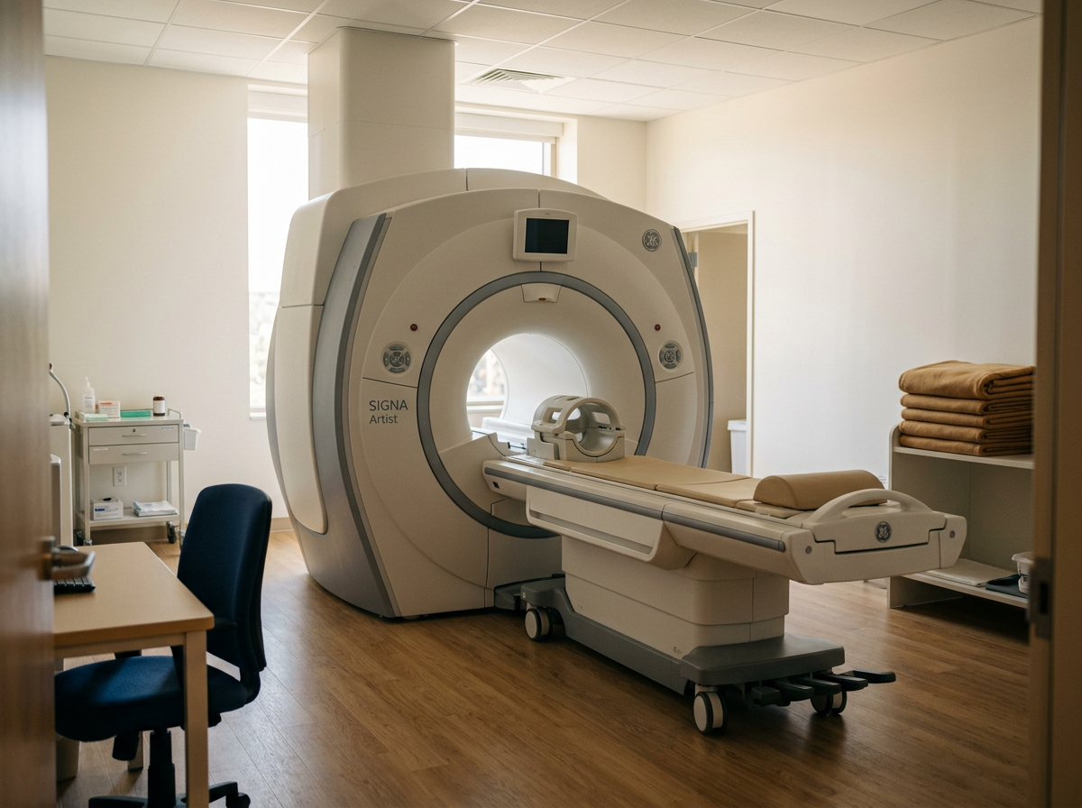 MRI machine in a medical examination room with a blue chair and a cart with medical supplies.