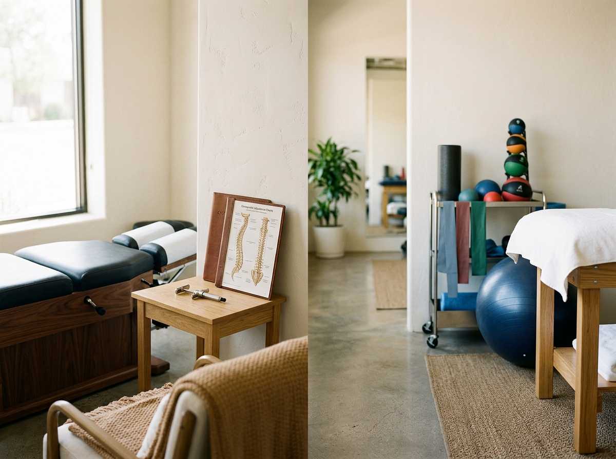 A chiropractor's treatment room with a massage table, anatomical spine diagram, relaxation chair, and medical equipment including exercise balls and dumbbells.