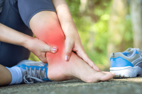 Ankle sprain and joint pain highlighted in red after a sports injury