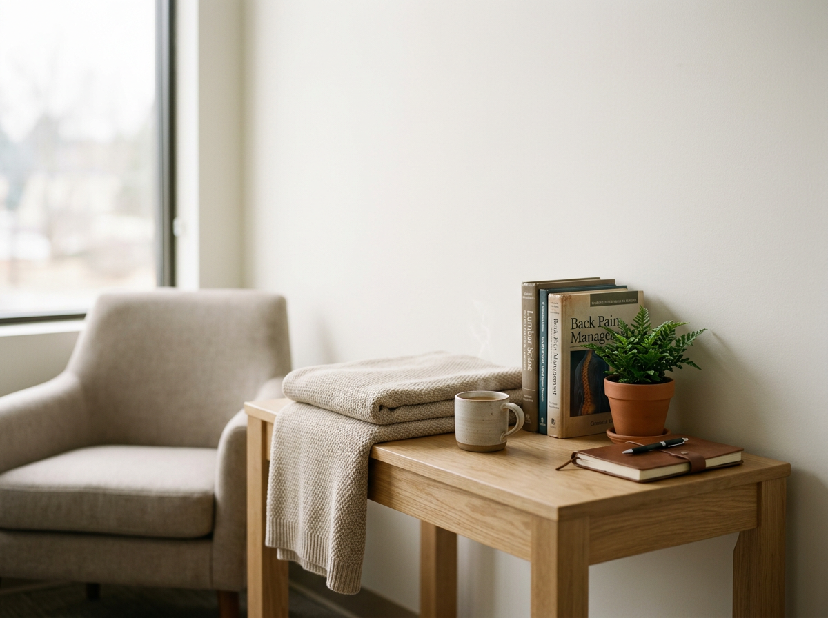A cozy corner with a beige upholstered armchair, a wooden side table holding a potted fern, a cup of coffee, a closed notebook with a pen, and a small stack of books, against a plain wall near a window.