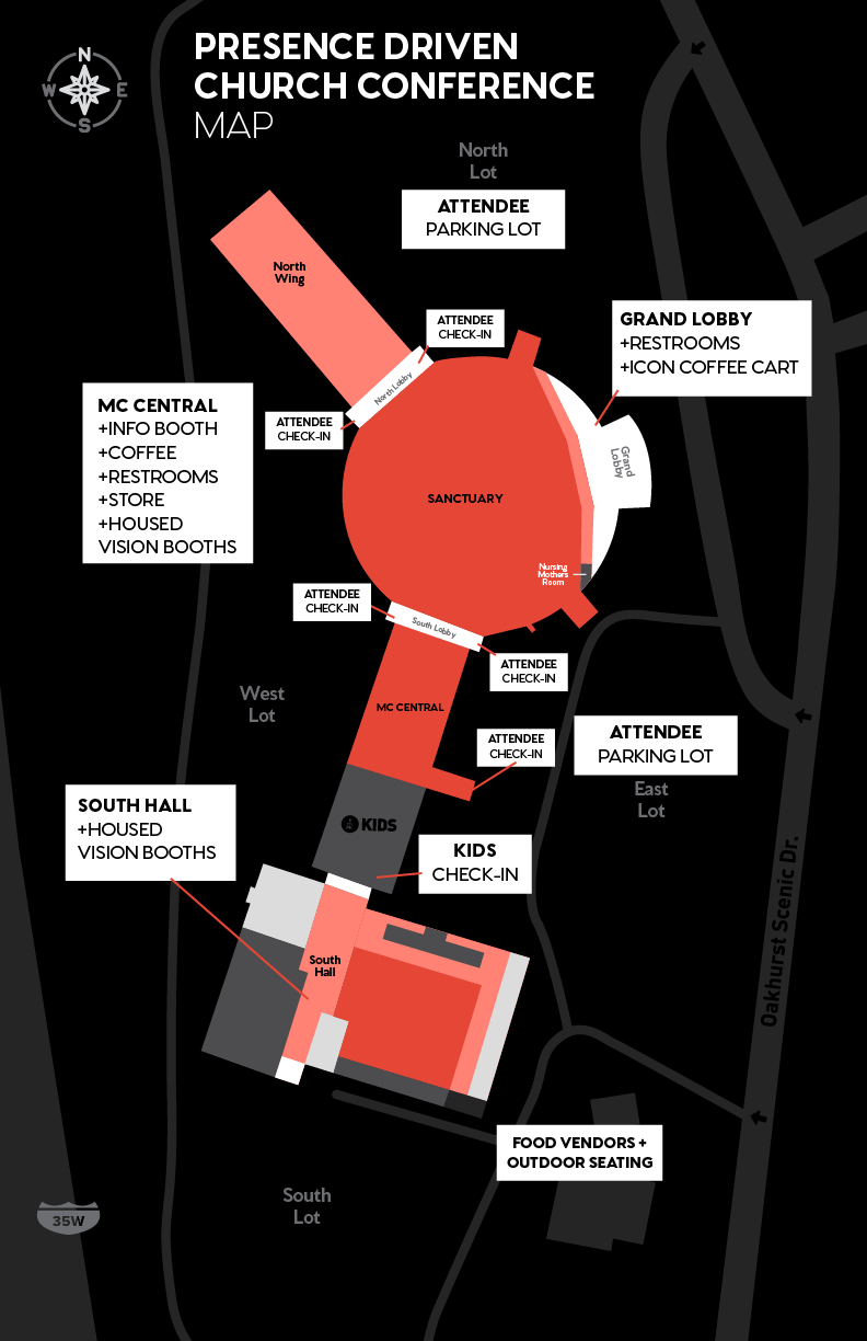 Map of the Presence Driven Church Conference with marked locations such as North Wing, Sanctuary, MC Central, South Hall, Grand Lobby, and Kids Check-In, along with attendee parking lots and amenities like restrooms, coffee, and food vendors.