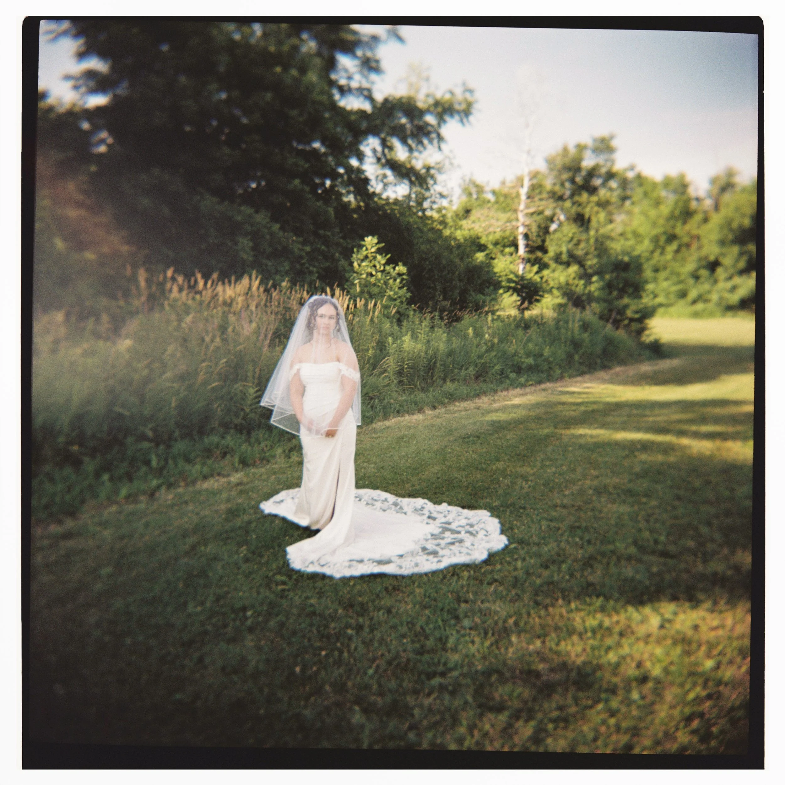 A woman in a wedding dress and veil standing on grass in a natural outdoor setting with trees and shrubs in the background.