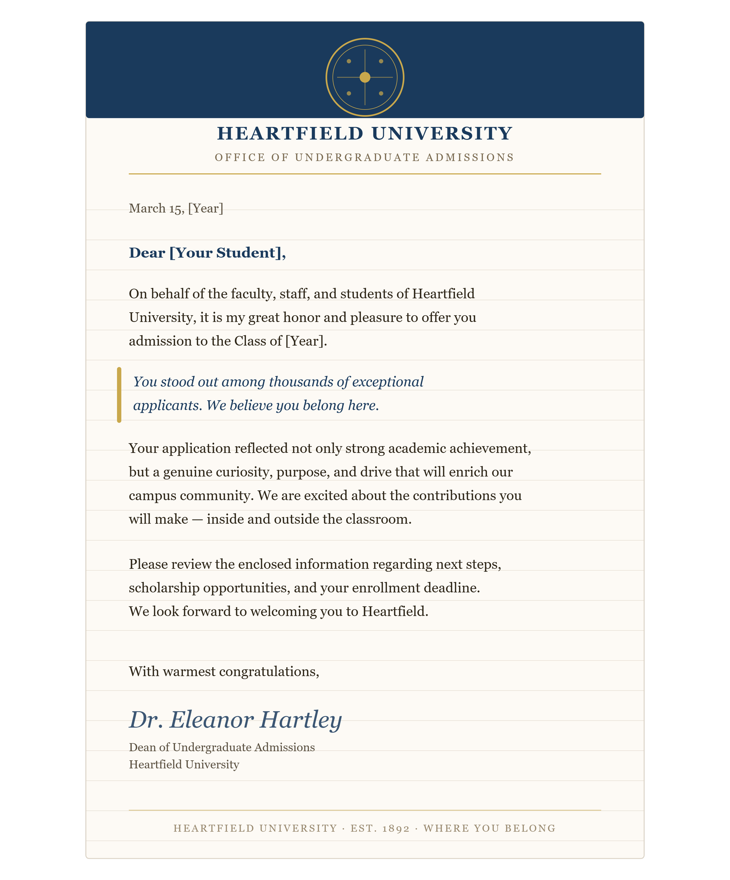 Admission letter to Heartfield University