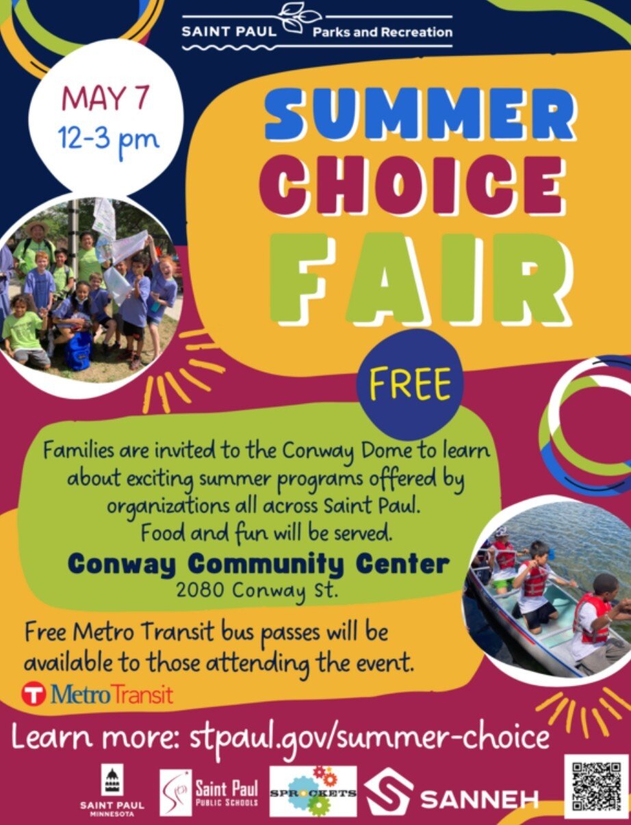 Join our friends at @sprocketssaintpaul this Sunday at the Conway Dome for the Summer Choice Fair, where families can explore exciting summer programs offered by organizations throughout Saint Paul! It's a free event and open to all, food will be pro