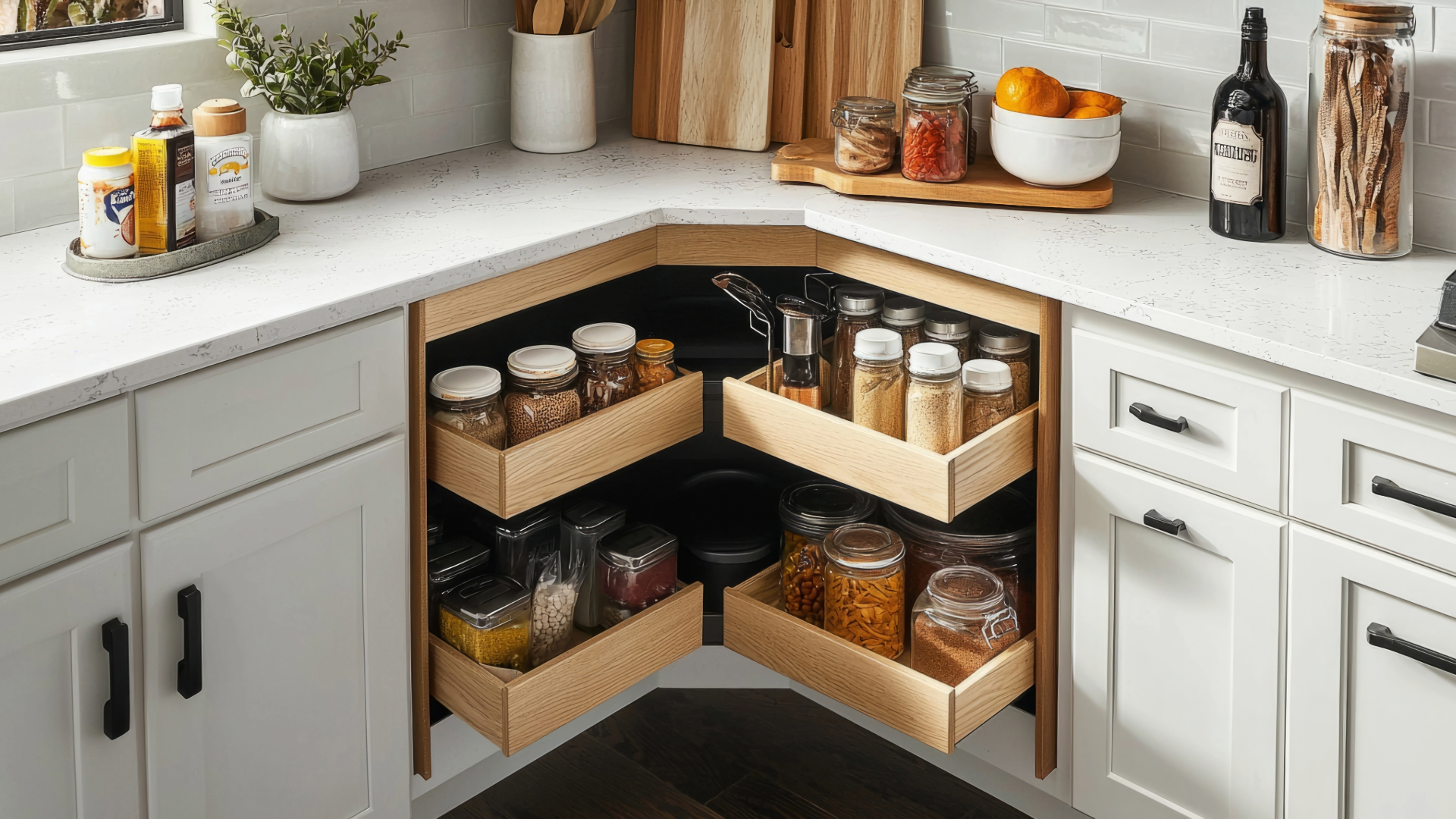 Corner kitchen drawers with jars and spices neatly organized to maximize counter space