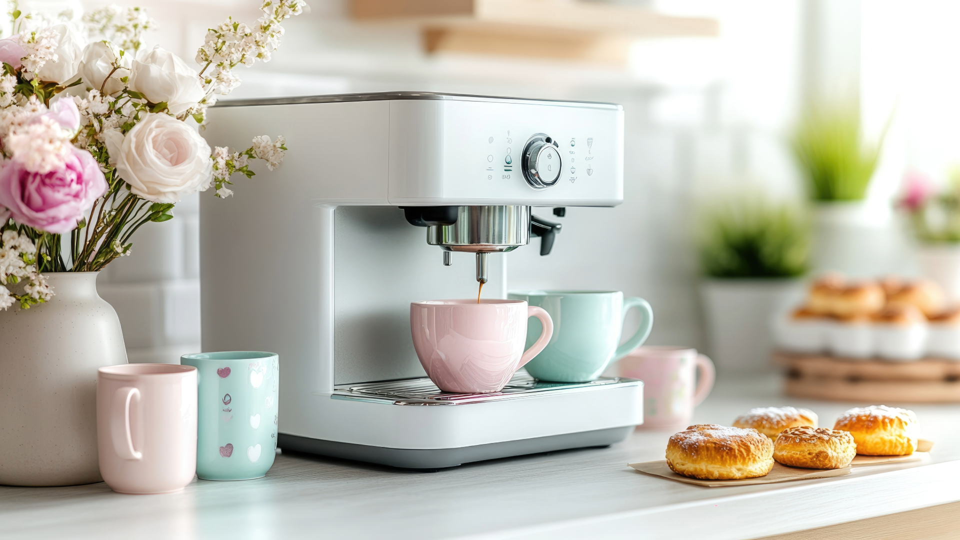 Minimalist coffee station with espresso machine, mugs, and flowers on a tidy counter