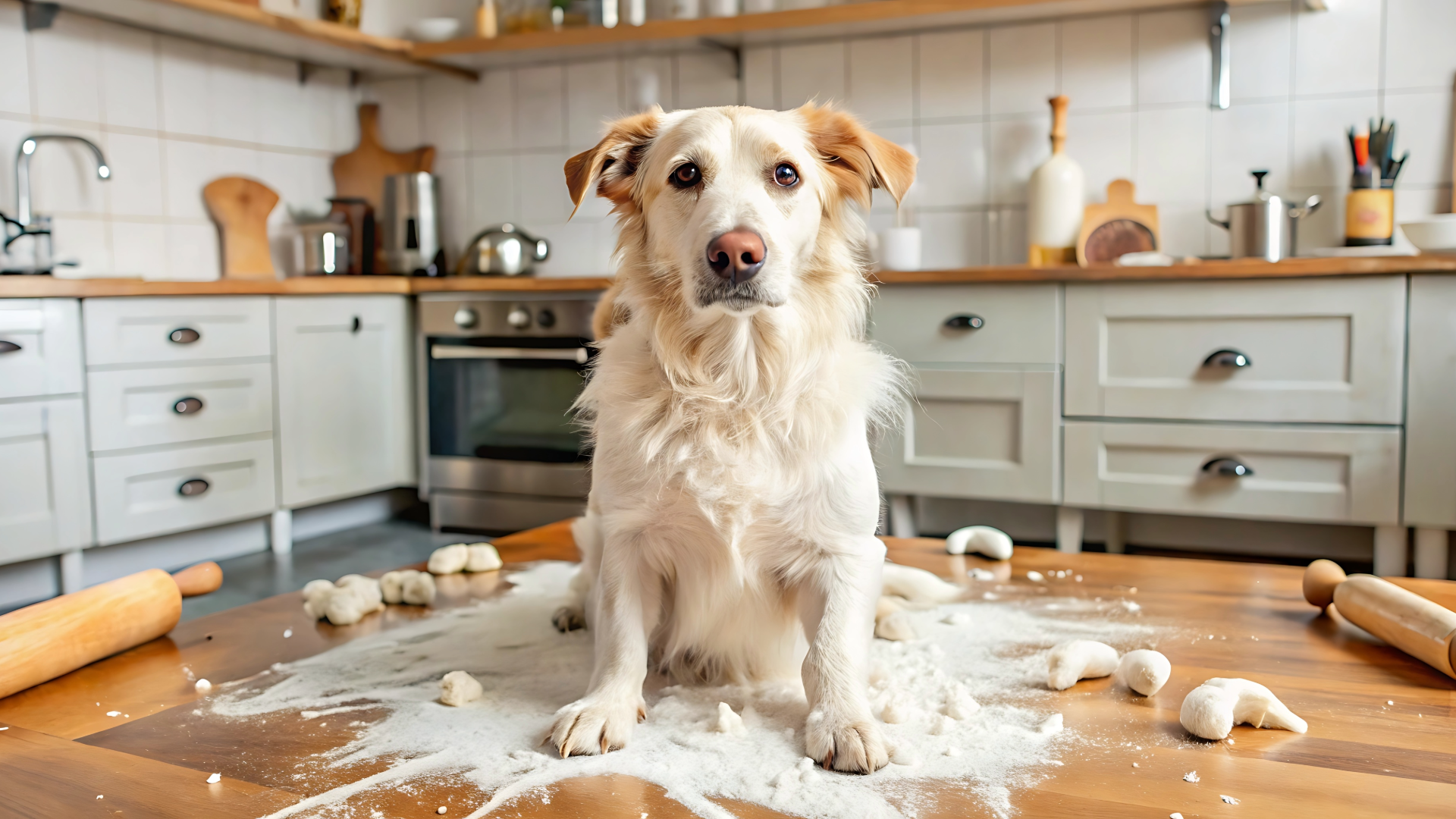 Dog sitting on messy kitchen counter covered in flour and dough