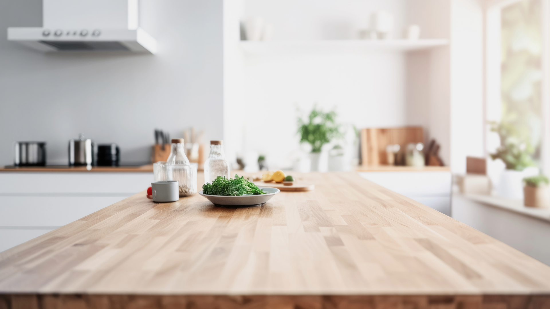 Minimalist kitchen with a clear wooden countertop and fresh herbs in a bowl