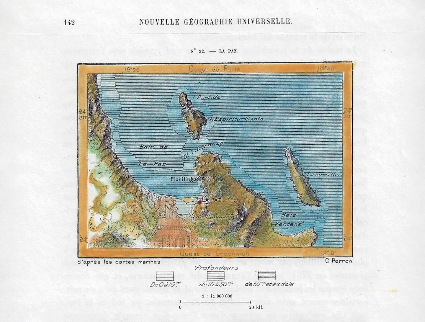 Mapa de La Paz y Alrededores
Grabado en Madera, Coloreado a Mano
Creado para la G&eacute;ographie Universelle 
del Ge&oacute;grafo Franc&eacute;s &Eacute;lis&eacute;e Reclus
Finales Siglo XIX
Baja California Sur

Baja Republic Collection
The S