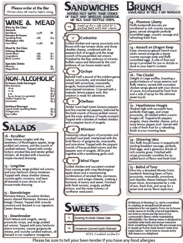 Food Menu — Natural 20 Brewing Co.