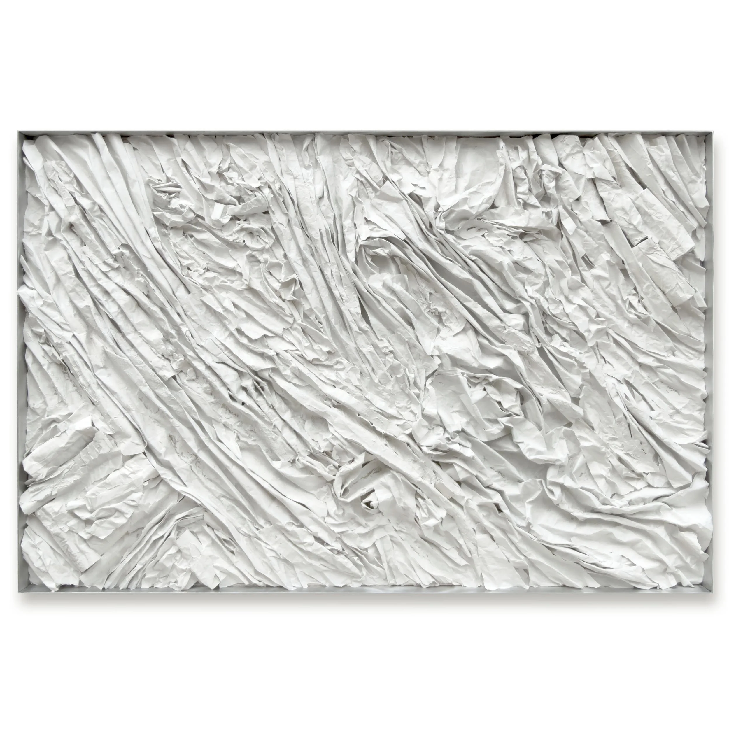Strataform #73103, 40 x 60 x 2 inches, paper, PVA, acrylic, studio ephemera, sculptural aluminum frame