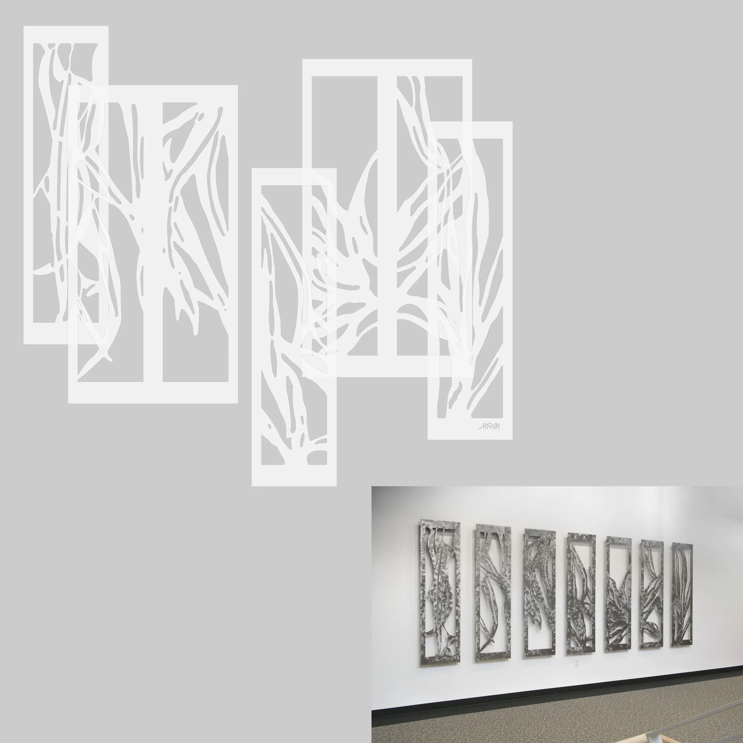 Design for translucent Mylar sculpture of plants and leaves reinterpreting Nature's Lyrics in five panels