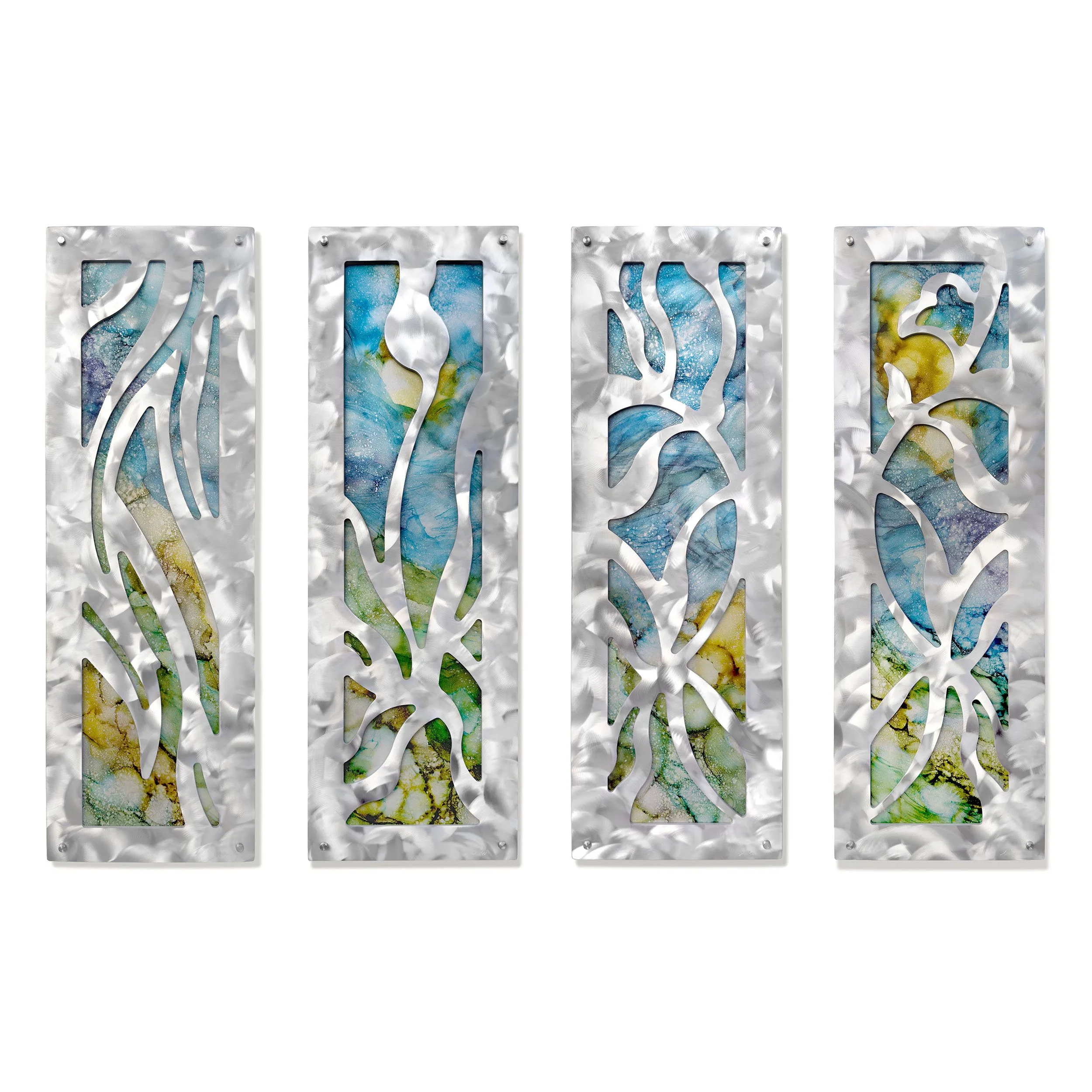 Leaf Currents I-IV, 39 x 13 x 1 inches each, aluminum, solvent dyes, lacquer