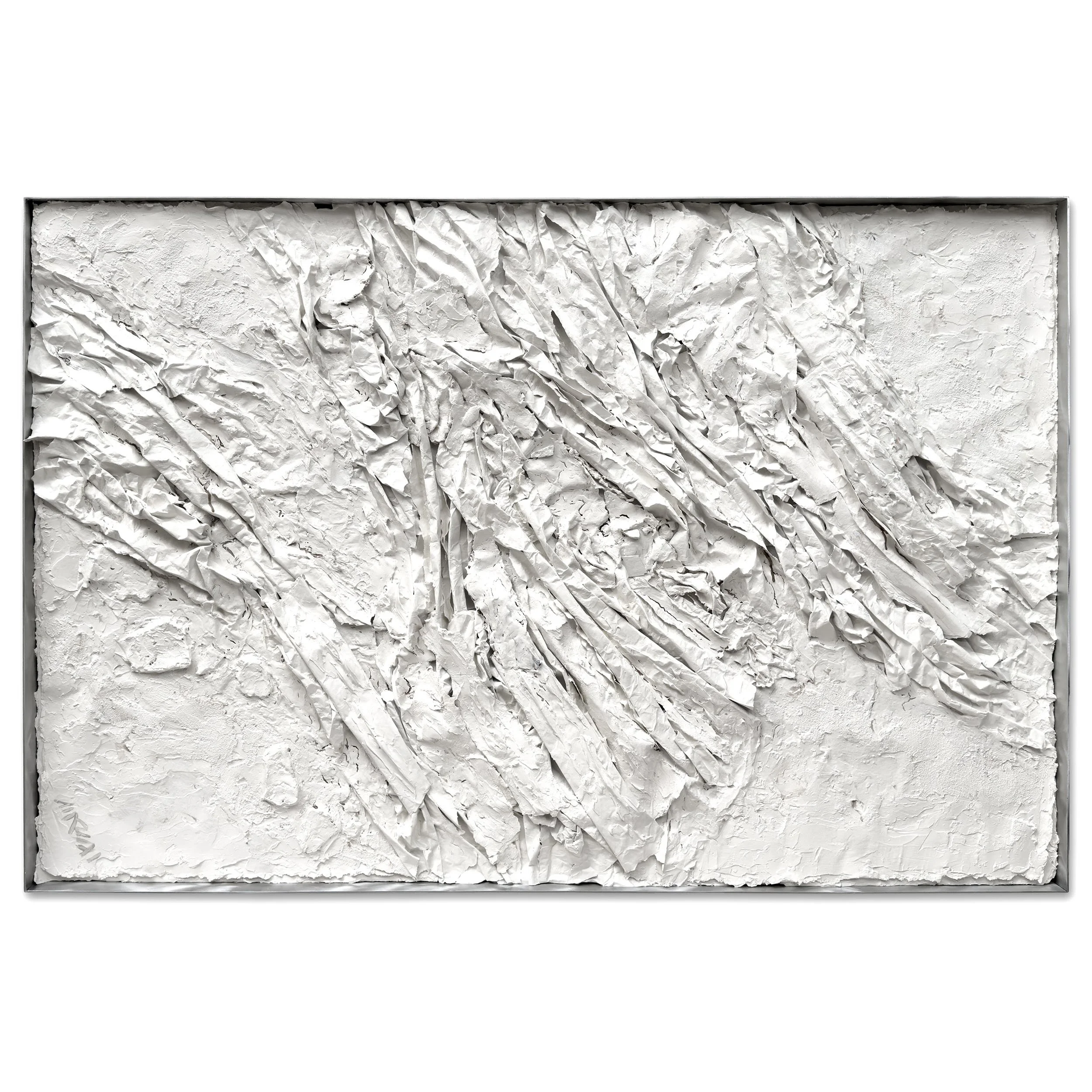 Strataform #73105, 40 x 60 x 2 inches, textural and dimensional media, studio ephemera, acrylic, luan, aluminum sculptural frame