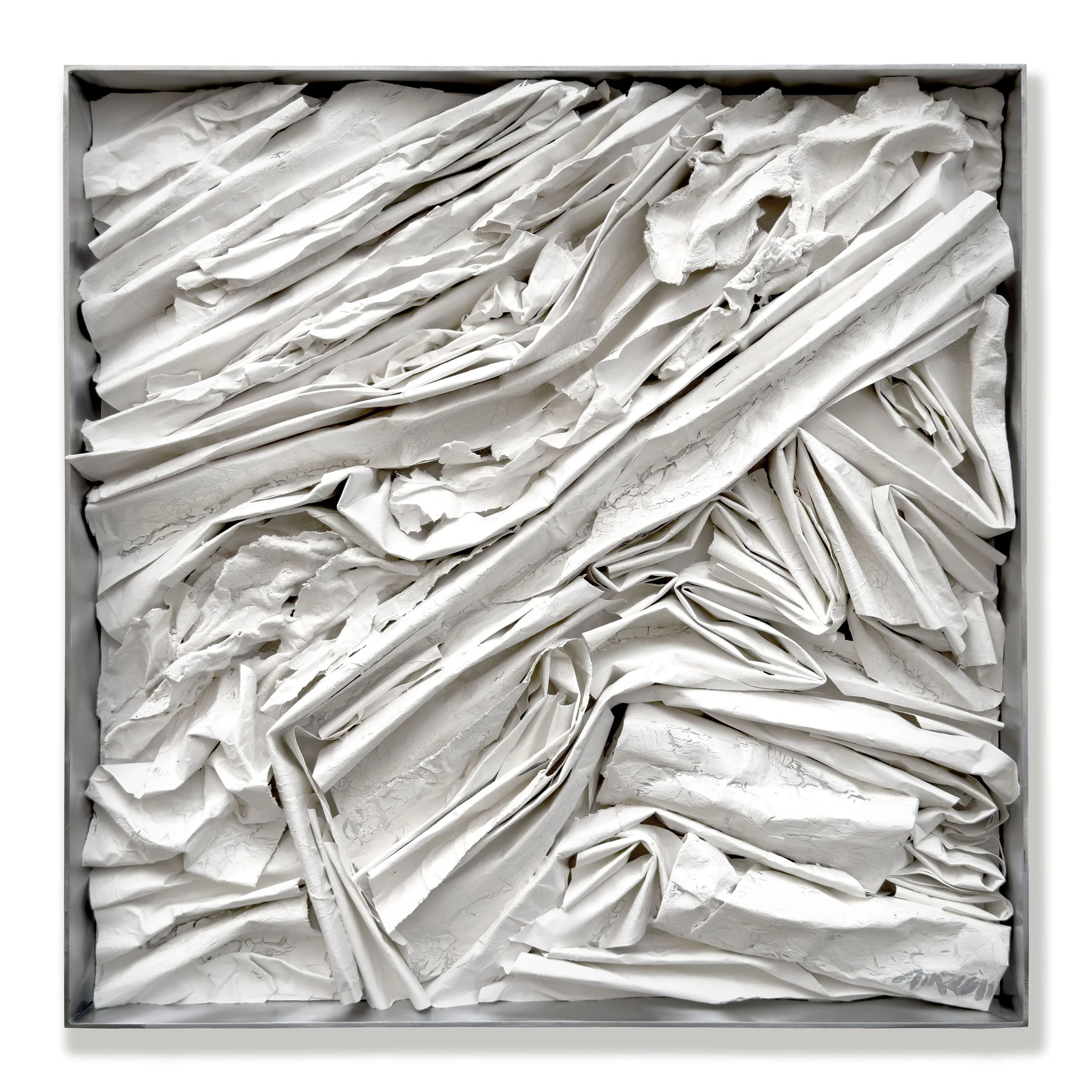 Strataform #72173, 20 x 20 x 2 inches, folded,   textured and handmade papers, studio ephemera, aluminum sculptural frame