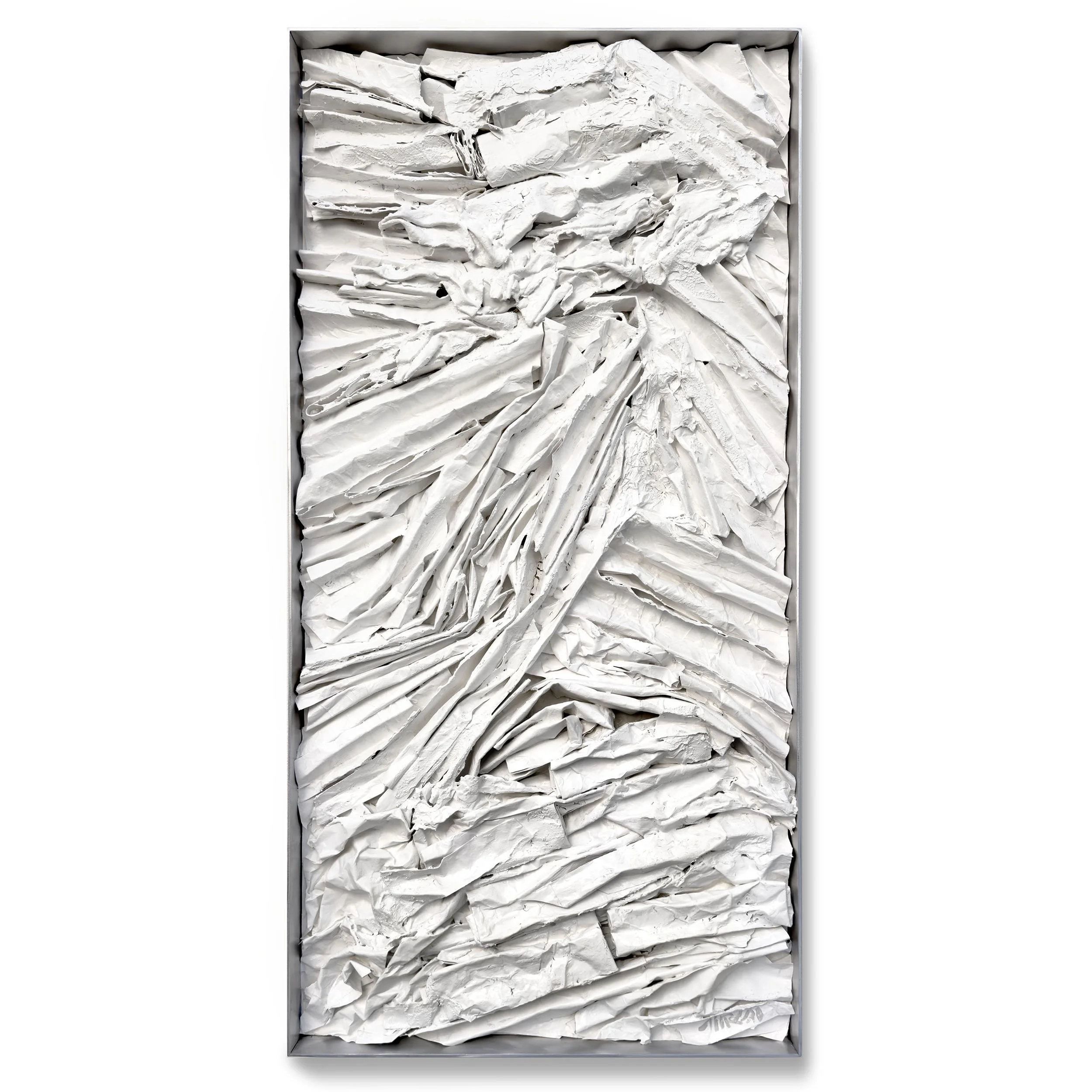 Strataform #73101, 40 x 20 x 2 inches, folded, textured and handmade papers, studio ephemera, acrylic, aluminum sculptural frame