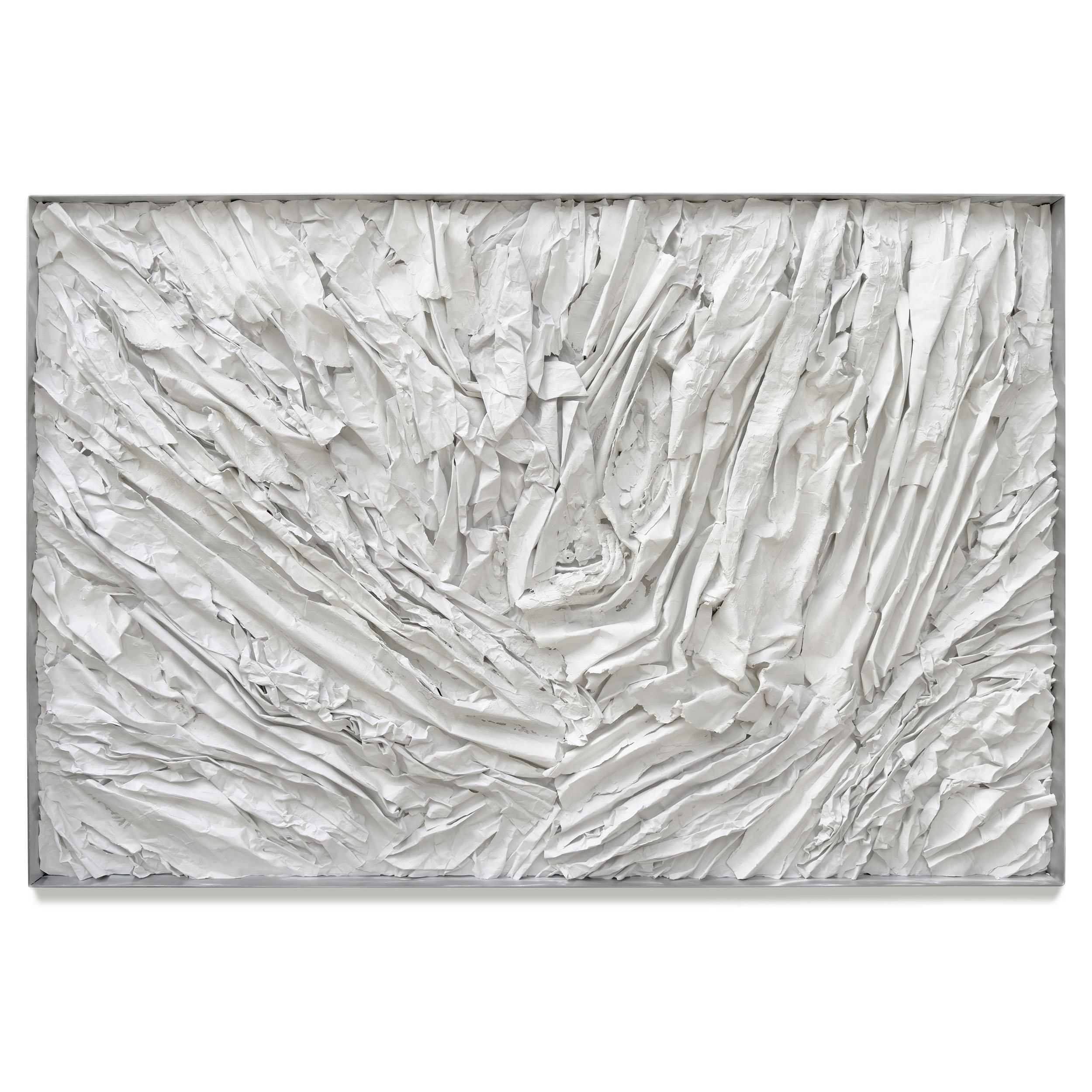 Strataform #73104, 40 x 60 x 2 inches, paper, PVA, acrylic, studio ephemera, sculptural aluminum frame