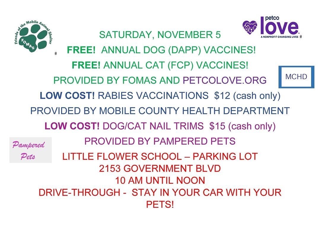 NEXT SATURDAY-&gt;
- free vaccination clinic for annual shots
- $12 rabies
-AND $15 nail trims 
- PLUS complimentary collars, harnesses and doggie sweaters, while supplies last!