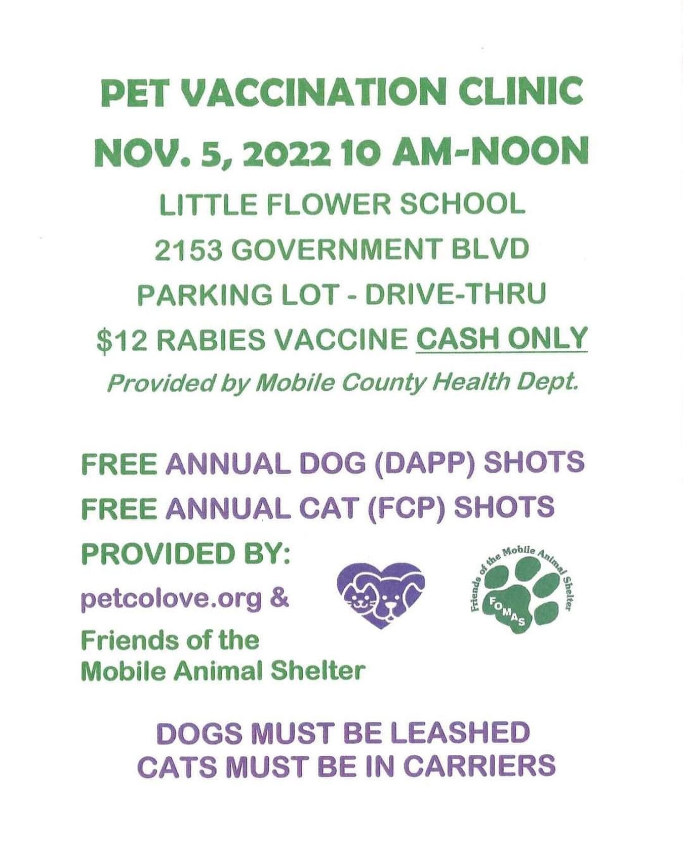 Missed our last vaccination clinic?
Well&hellip; November 5th, you and your dog and/or can come to Little Flower School&rsquo;s parking lot at 10am until Noon to get your pet&rsquo;s annual vaccination and/or $12 Rabies Shot (Cash Only)!!