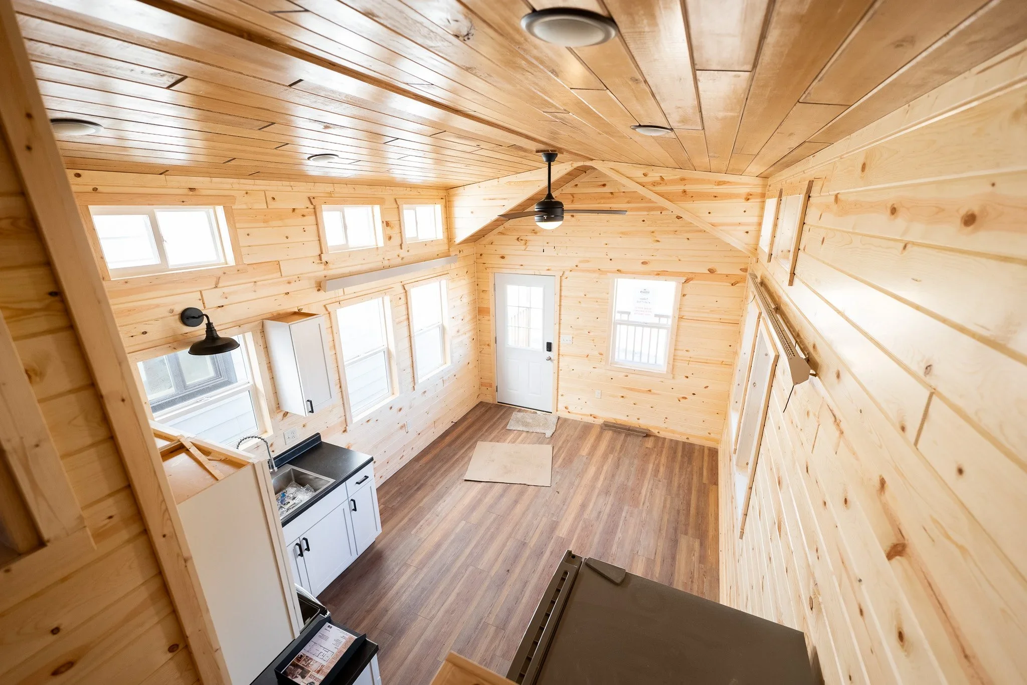inside dakota cabin trailblazer tiny home view of the front entrance 