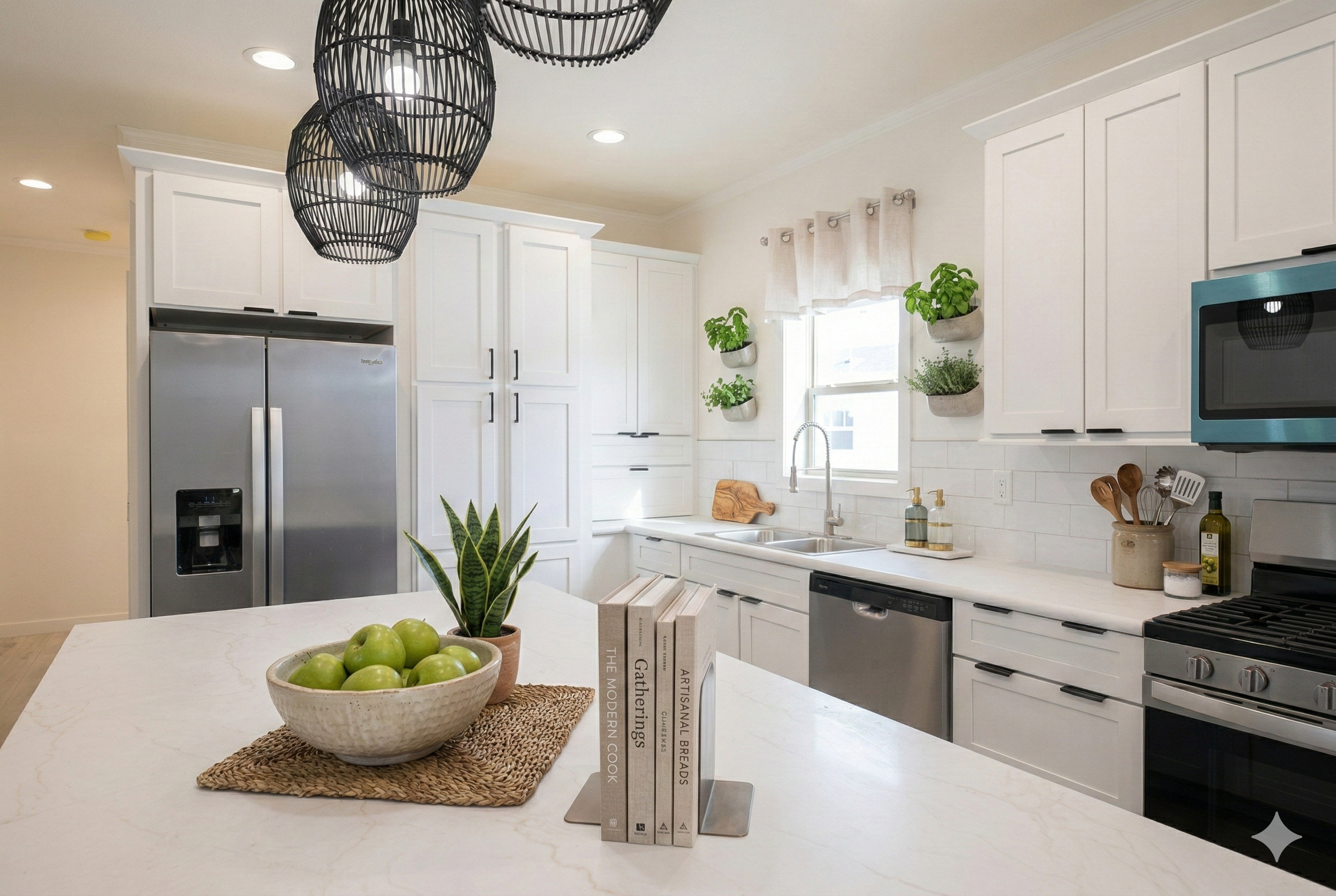 kitchen photo composed over the island looking at white cabinets in the kitchen of the  cavco dakota manufactured home